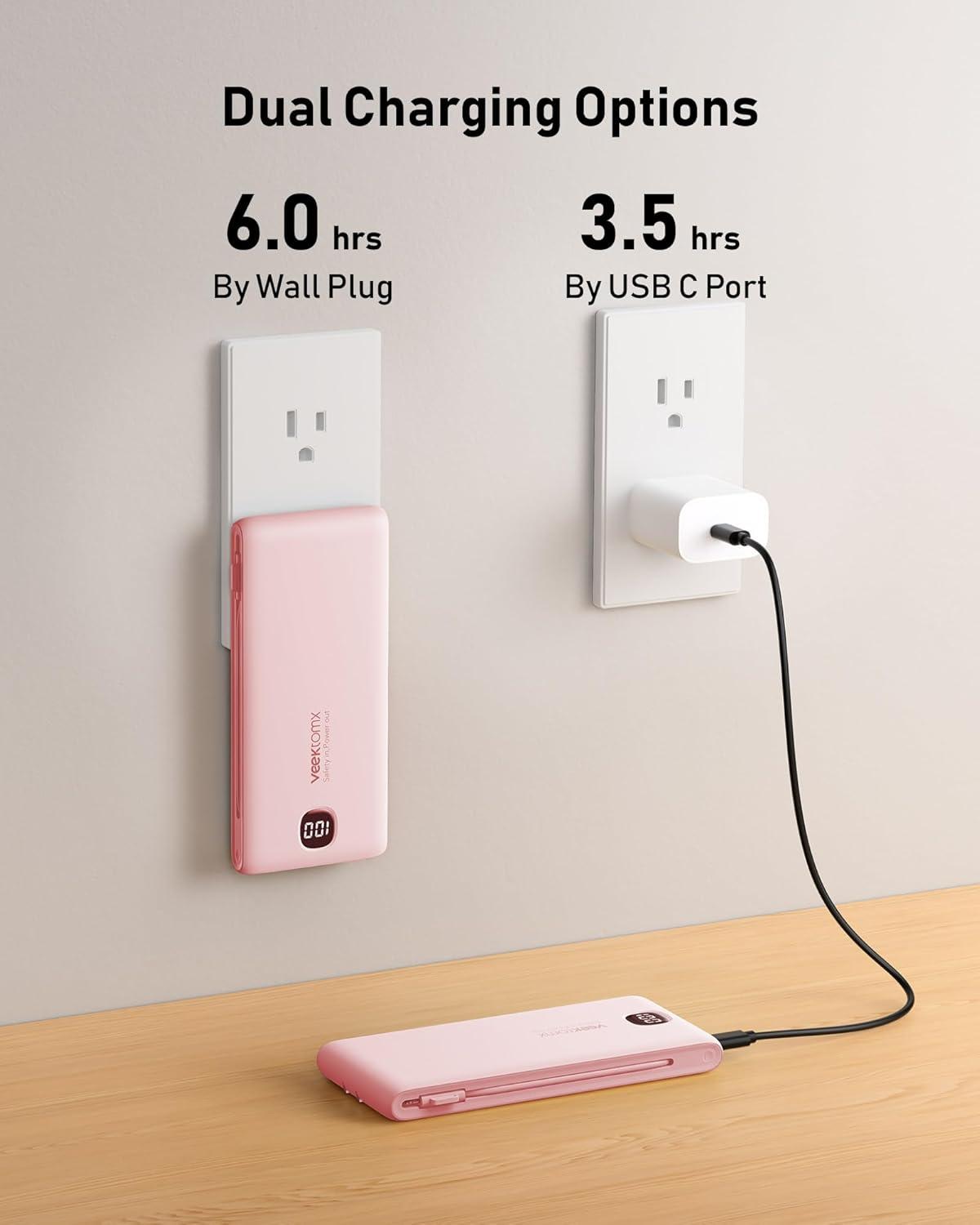 imagePortable Charger Power Bank Built in Cables and Wall Plug 10000mAh iPhone Battery Pack Fast Charging USB C External Slim Power Bank Travel Essentials Compatible with iPhone 17 16 15 14 iPad BlackPink