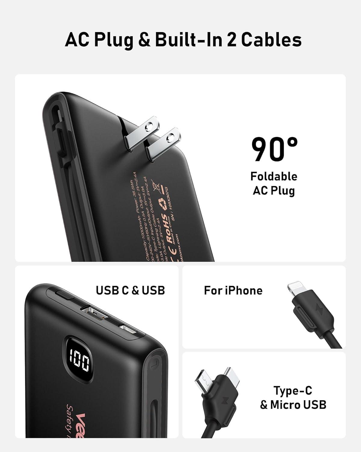 imagePortable Charger Power Bank Built in Cables and Wall Plug 10000mAh iPhone Battery Pack Fast Charging USB C External Slim Power Bank Travel Essentials Compatible with iPhone 17 16 15 14 iPad BlackSpace Black