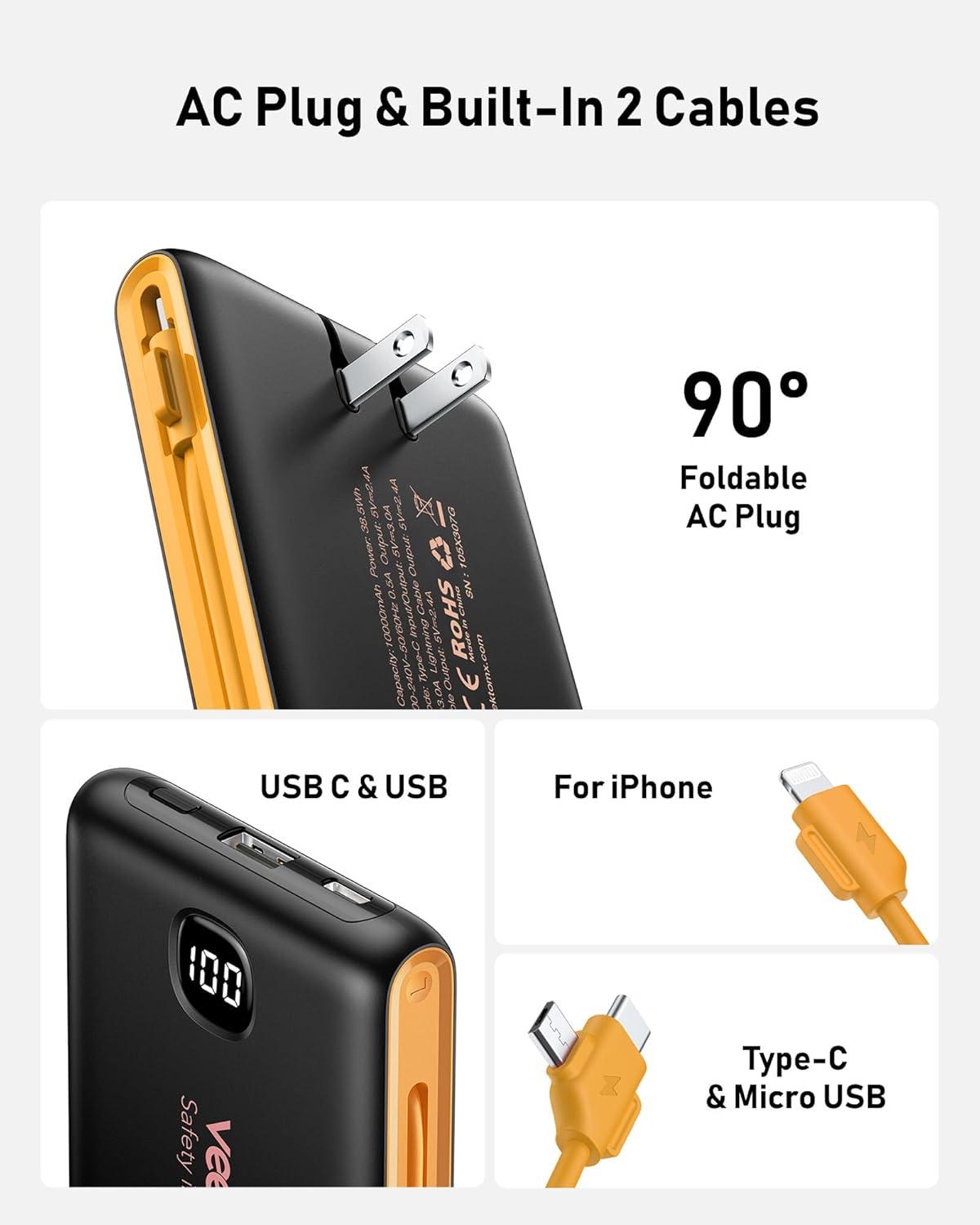 imagePortable Charger Power Bank Built in Cables and Wall Plug 10000mAh iPhone Battery Pack Fast Charging USB C External Slim Power Bank Travel Essentials Compatible with iPhone 17 16 15 14 iPad BlackBlackYellow