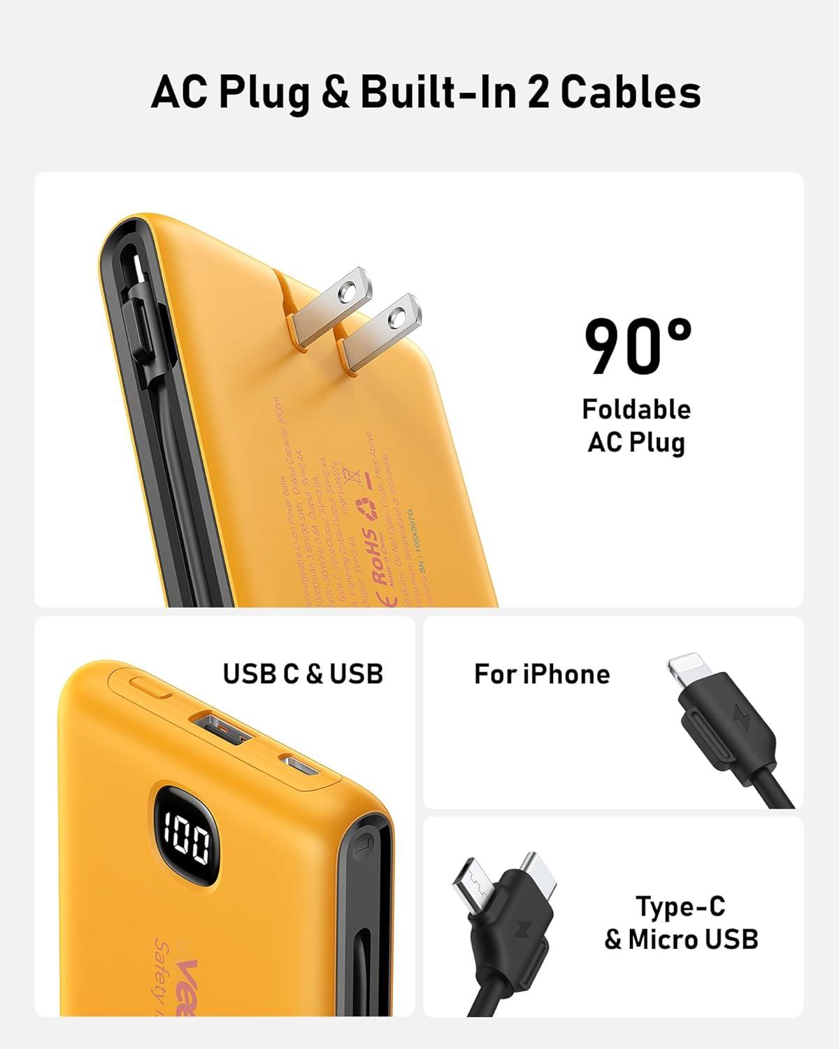 imagePortable Charger Power Bank Built in Cables and Wall Plug 10000mAh iPhone Battery Pack Fast Charging USB C External Slim Power Bank Travel Essentials Compatible with iPhone 17 16 15 14 iPad BlackYellow