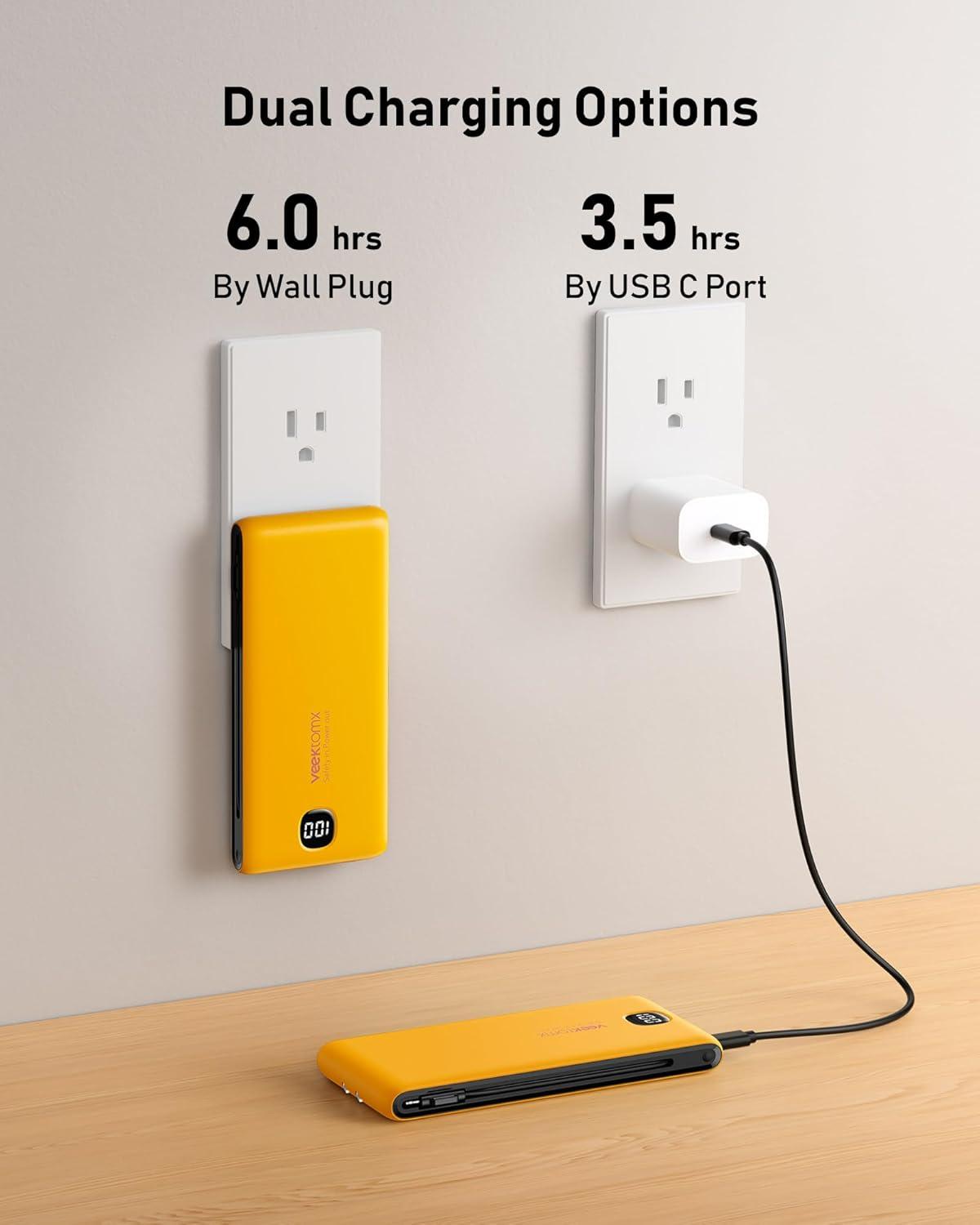 imagePortable Charger Power Bank Built in Cables and Wall Plug 10000mAh iPhone Battery Pack Fast Charging USB C External Slim Power Bank Travel Essentials Compatible with iPhone 17 16 15 14 iPad BlackYellow