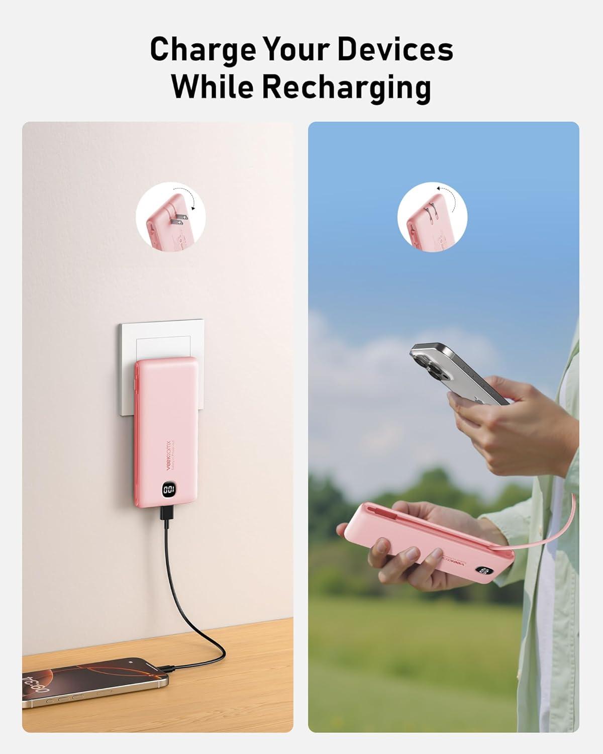 imagePortable Charger Power Bank Built in Cables and Wall Plug 10000mAh iPhone Battery Pack Fast Charging USB C External Slim Power Bank Travel Essentials Compatible with iPhone 17 16 15 14 iPad BlackPink