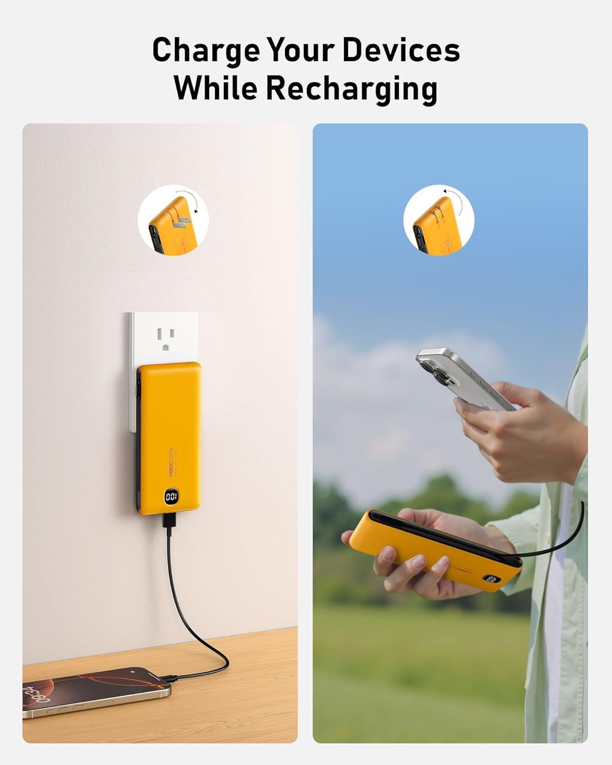 imagePortable Charger Power Bank Built in Cables and Wall Plug 10000mAh iPhone Battery Pack Fast Charging USB C External Slim Power Bank Travel Essentials Compatible with iPhone 17 16 15 14 iPad BlackYellow