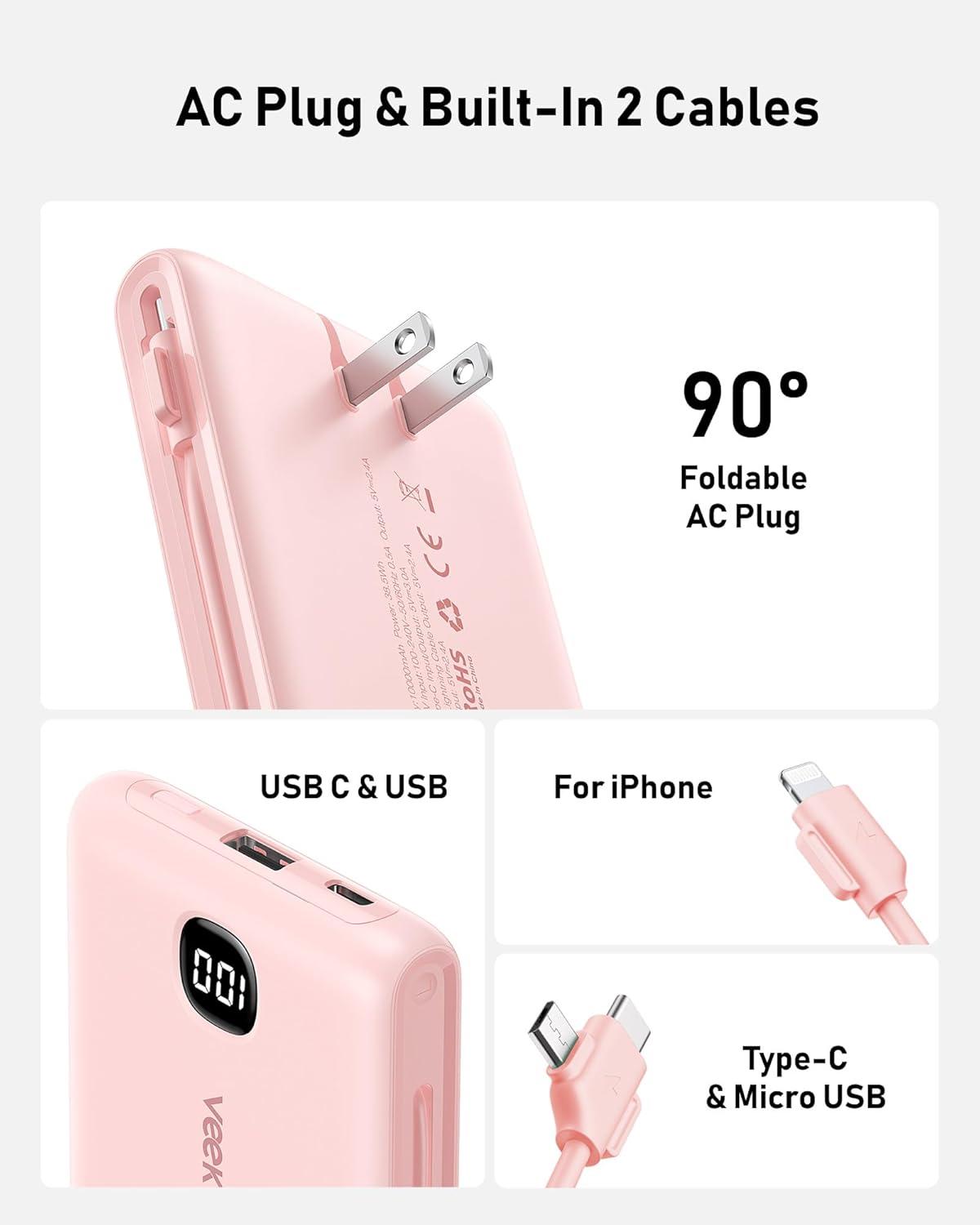 imagePortable Charger Power Bank Built in Cables and Wall Plug 10000mAh iPhone Battery Pack Fast Charging USB C External Slim Power Bank Travel Essentials Compatible with iPhone 17 16 15 14 iPad BlackPink
