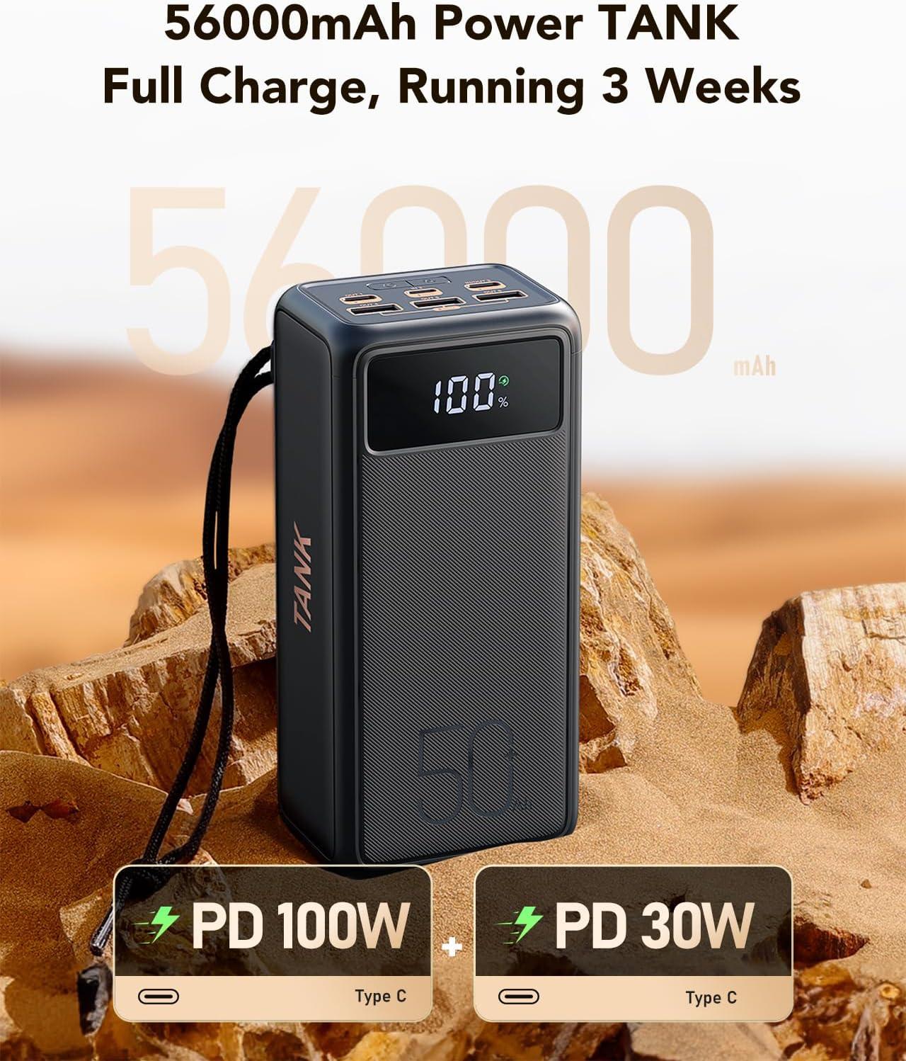 imagePower Bank 56000mah 100w Portable Charger Fast Charging Power Tank USB C with Emergency LED Flashlight Large Capacity External Battery Pack for iPhone Samsung Laptop for Outdoor Camping Travel