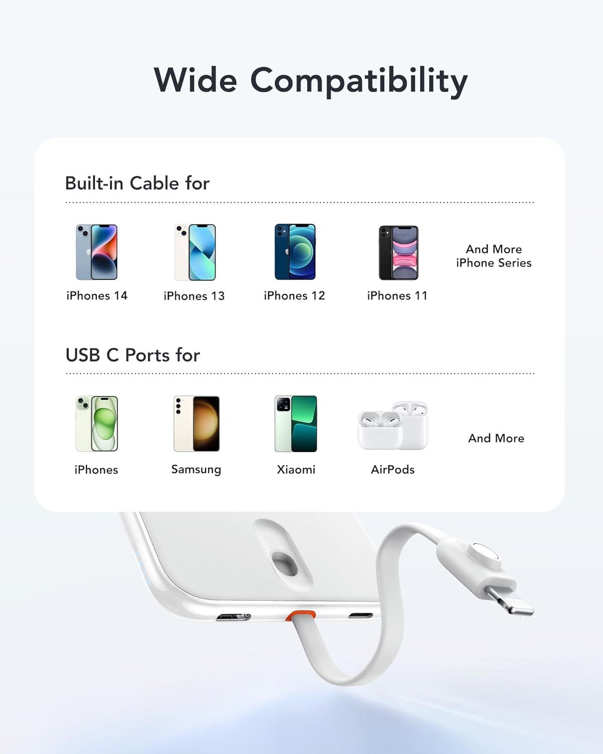 imageVEEKTOMX 5000mAh Slim Portable Charger with Builtin Lighting Cable  Power Bank Travel Phone Charger  External Battery Pack Compatible with AirPodsiPhone 14131211 Pro BlackLightning White