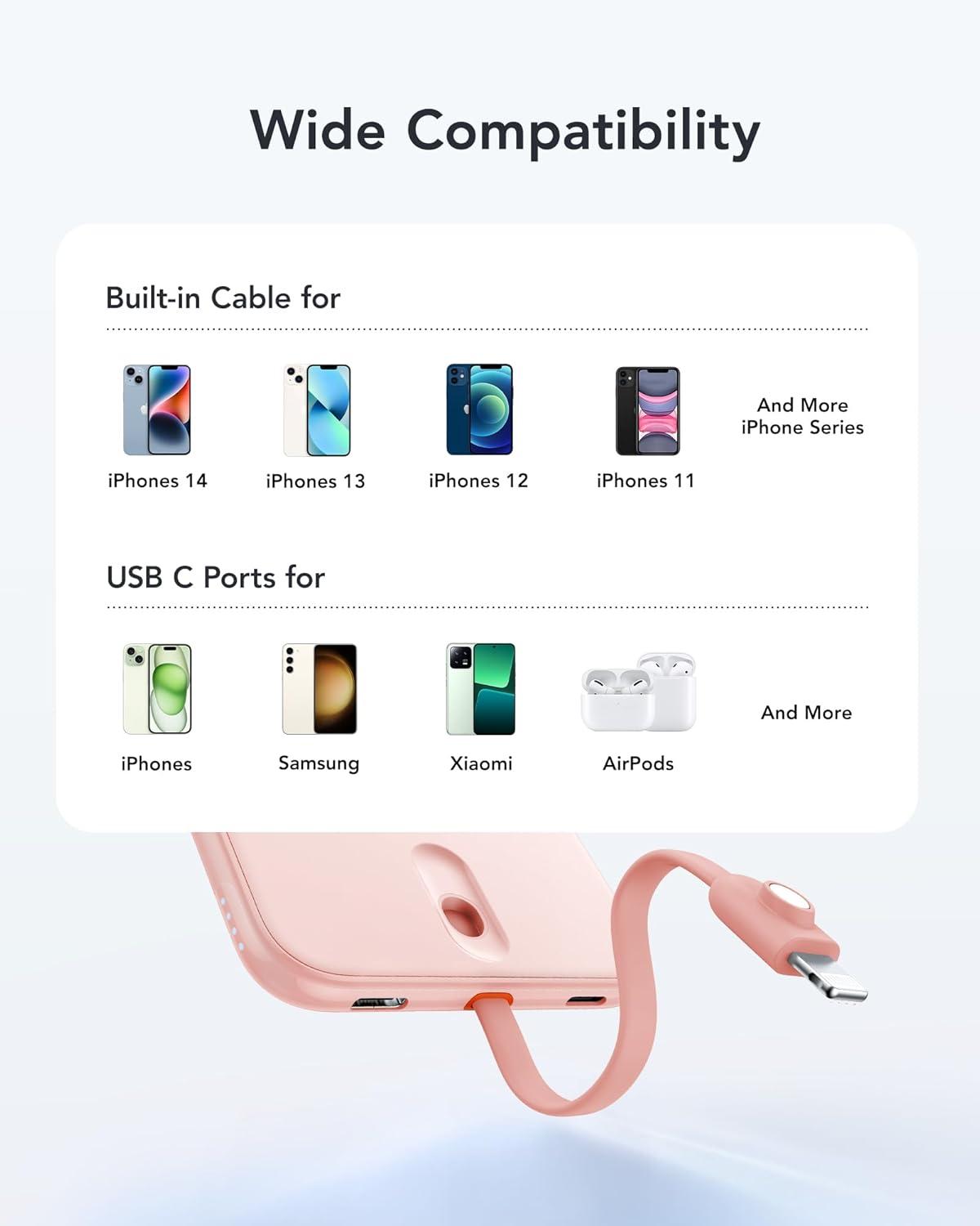 imageVEEKTOMX 5000mAh Slim Portable Charger with Builtin Lighting Cable  Power Bank Travel Phone Charger  External Battery Pack Compatible with AirPodsiPhone 14131211 Pro BlackLightning Pink