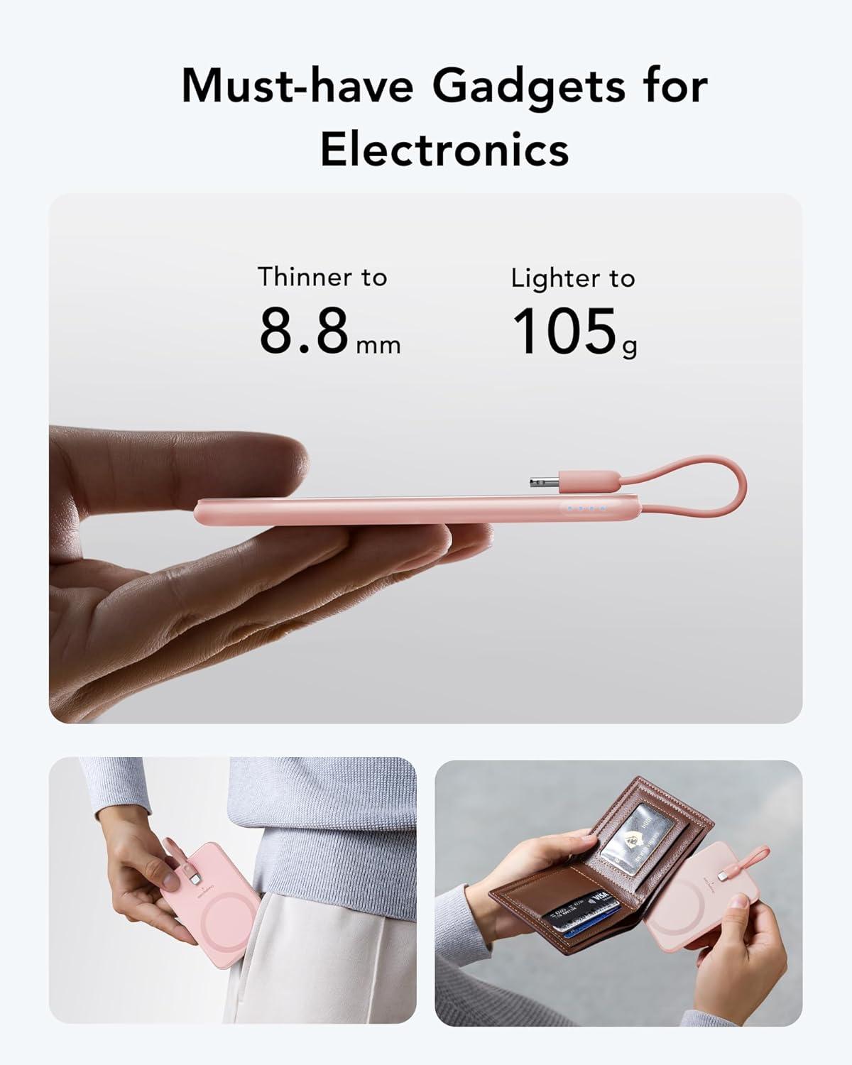imageVEEKTOMX 5000mAh Slim Portable Charger with Builtin Lighting Cable  Power Bank Travel Phone Charger  External Battery Pack Compatible with AirPodsiPhone 14131211 Pro BlackLightning Pink
