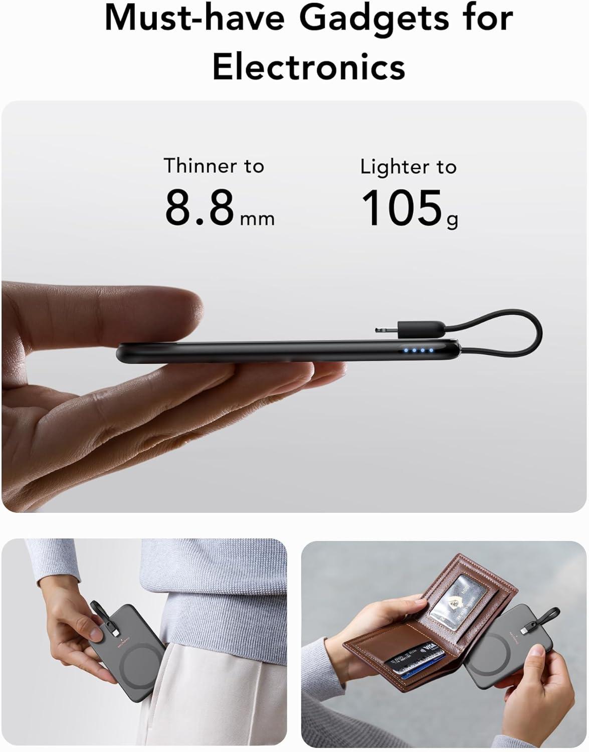 imageVEEKTOMX 5000mAh Slim Portable Charger with Builtin Lighting Cable  Power Bank Travel Phone Charger  External Battery Pack Compatible with AirPodsiPhone 14131211 Pro BlackLightning Black