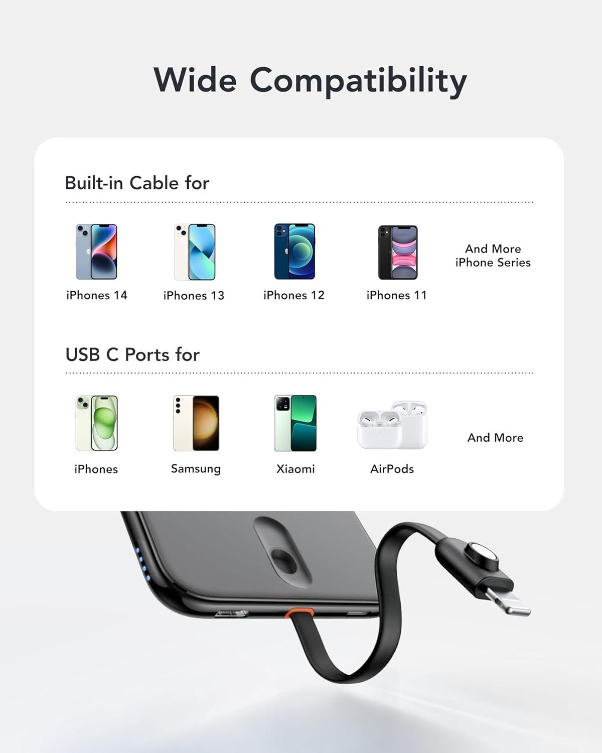 imageVEEKTOMX 5000mAh Slim Portable Charger with Builtin Lighting Cable  Power Bank Travel Phone Charger  External Battery Pack Compatible with AirPodsiPhone 14131211 Pro BlackLightning Black