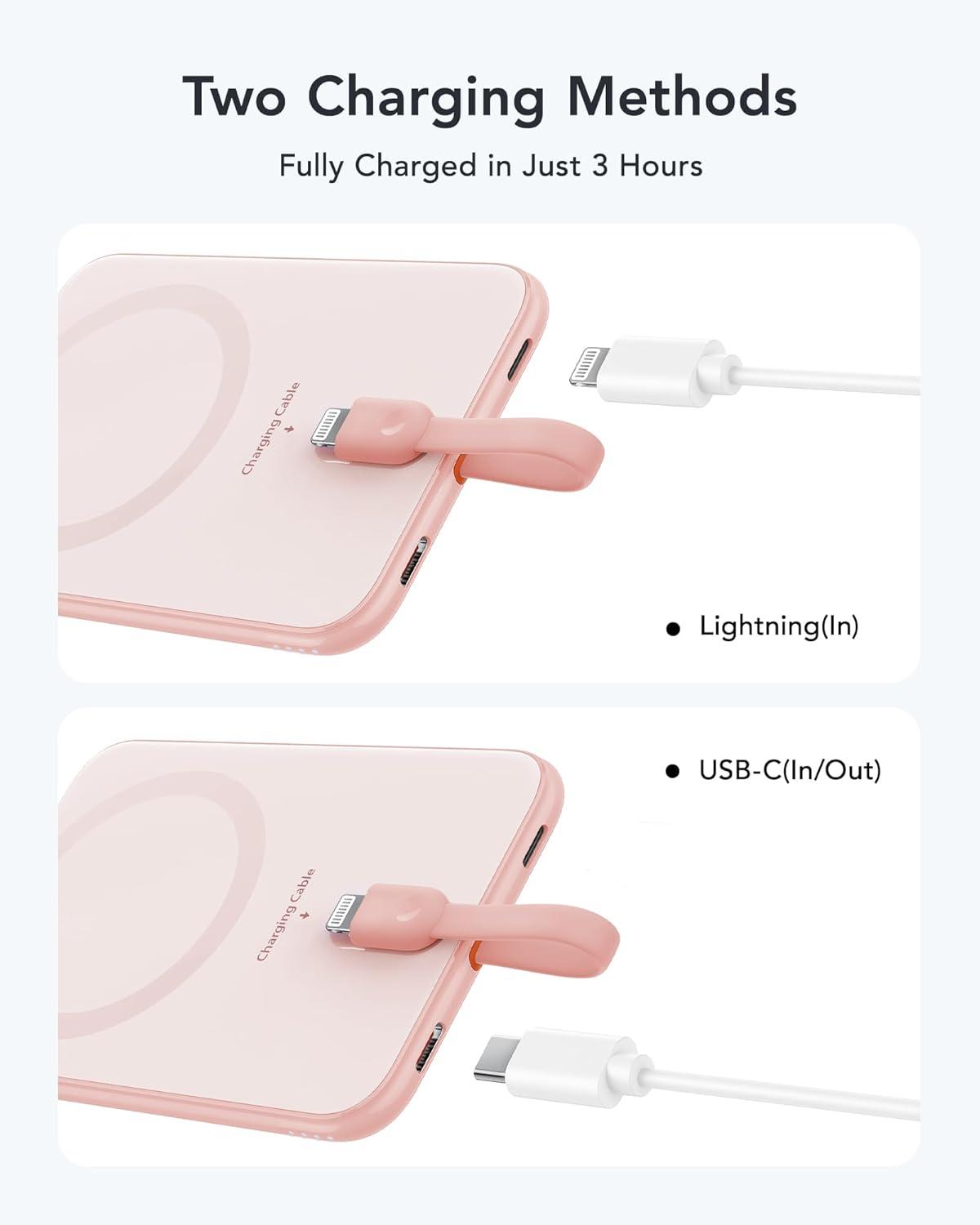 imageVEEKTOMX 5000mAh Slim Portable Charger with Builtin Lighting Cable  Power Bank Travel Phone Charger  External Battery Pack Compatible with AirPodsiPhone 14131211 Pro BlackLightning Pink