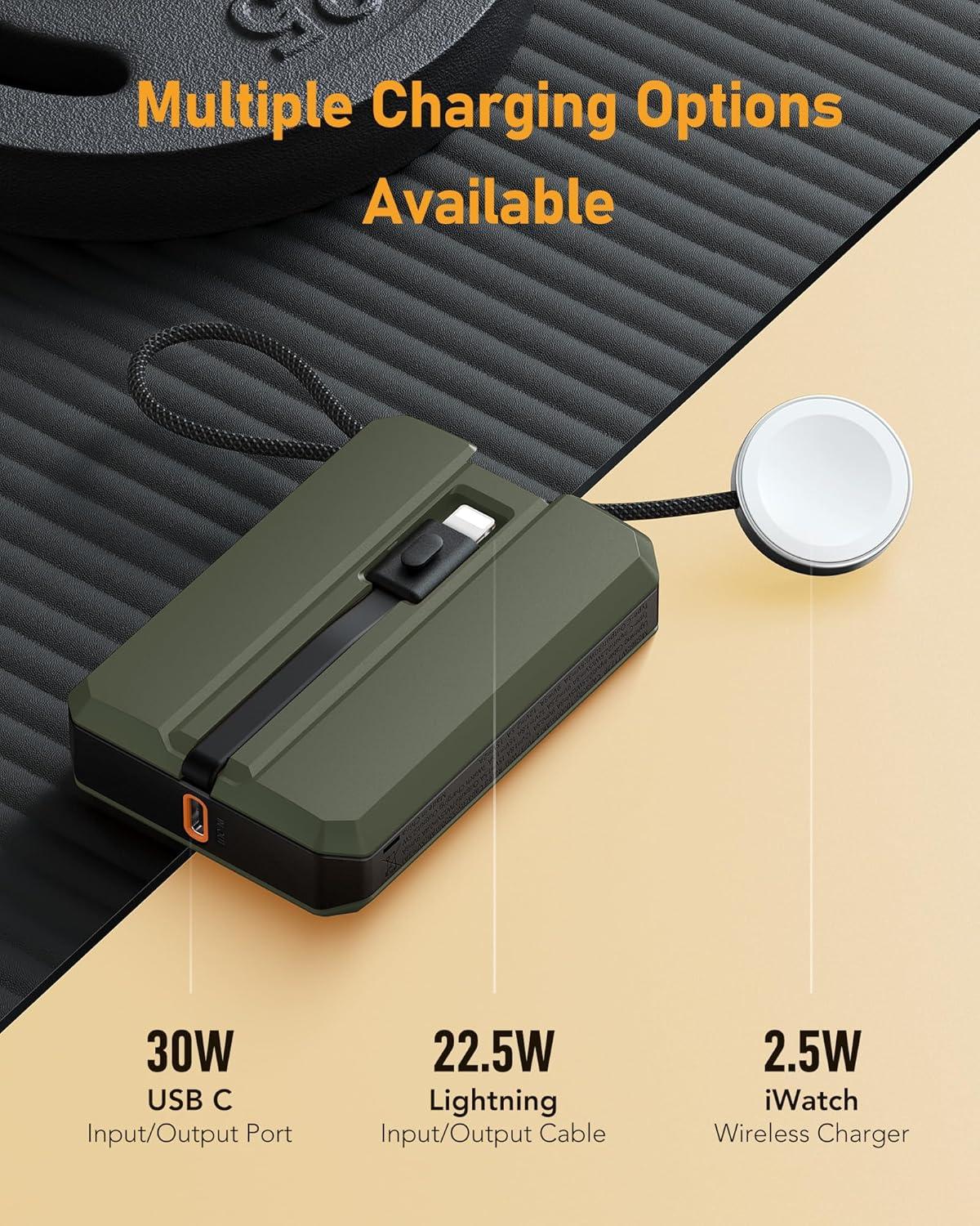 imageVEEKTOMX PD 30W Power Bank Fast Charging with Builtin USB C Cable for iPhone Small Portable Charger 10000mAh Portable Apple Watch Charger Compact Battery Pack for iPhone 161515 Plus YellowLightning Green