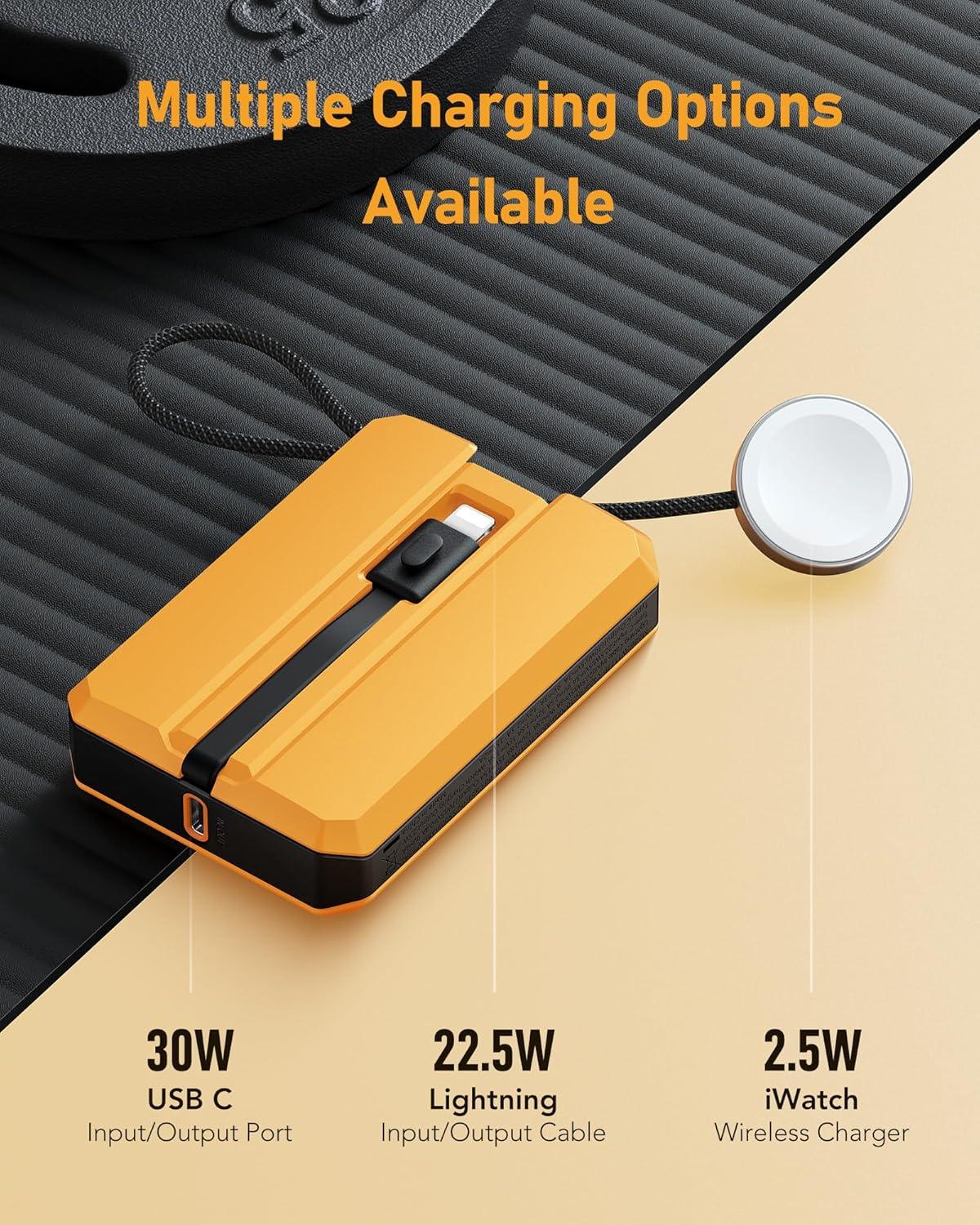 imageVEEKTOMX PD 30W Power Bank Fast Charging with Builtin USB C Cable for iPhone Small Portable Charger 10000mAh Portable Apple Watch Charger Compact Battery Pack for iPhone 161515 Plus YellowLightning Yellow