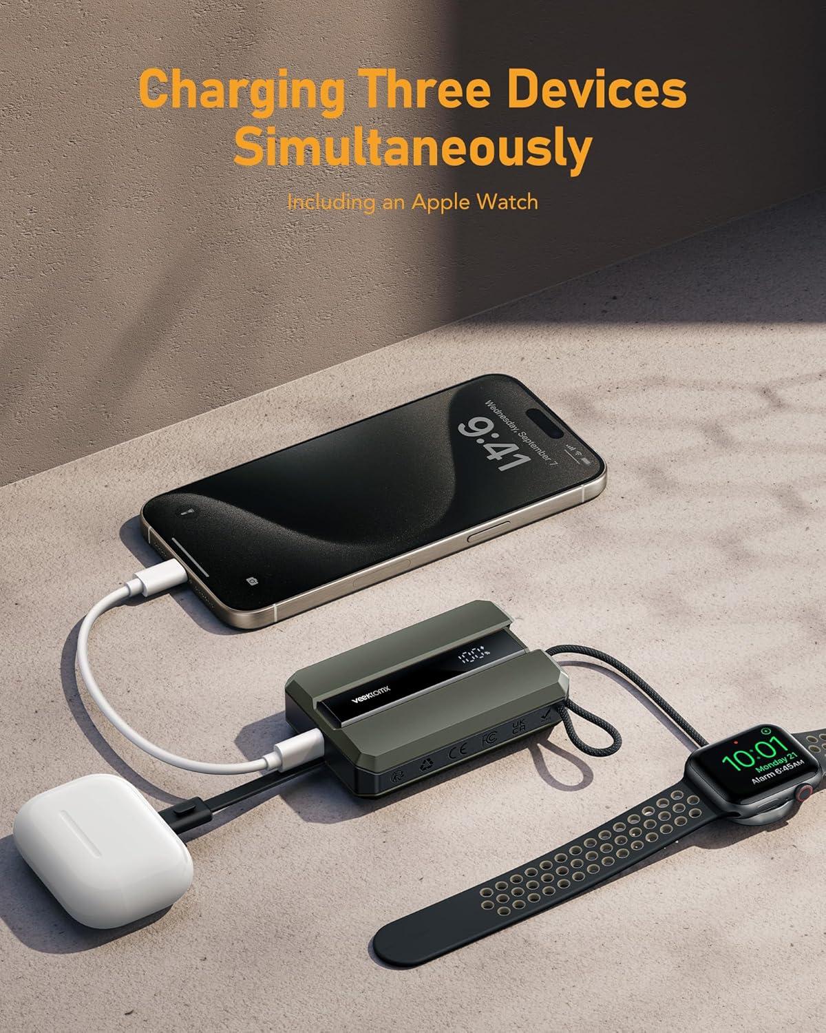 imageVEEKTOMX PD 30W Power Bank Fast Charging with Builtin USB C Cable for iPhone Small Portable Charger 10000mAh Portable Apple Watch Charger Compact Battery Pack for iPhone 161515 Plus YellowLightning Green