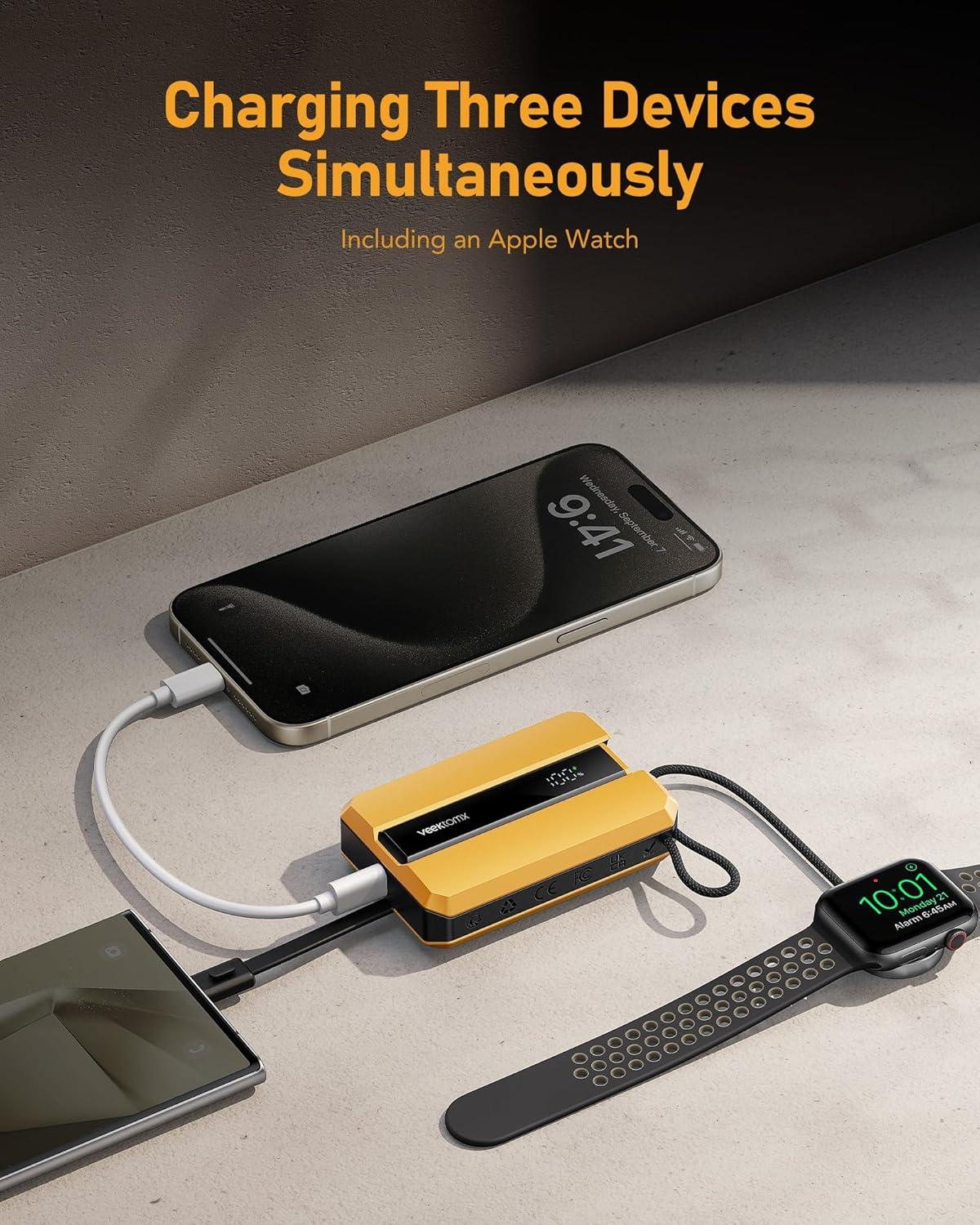 imageVEEKTOMX PD 30W Power Bank Fast Charging with Builtin USB C Cable for iPhone Small Portable Charger 10000mAh Portable Apple Watch Charger Compact Battery Pack for iPhone 161515 Plus YellowUSBC Yellow