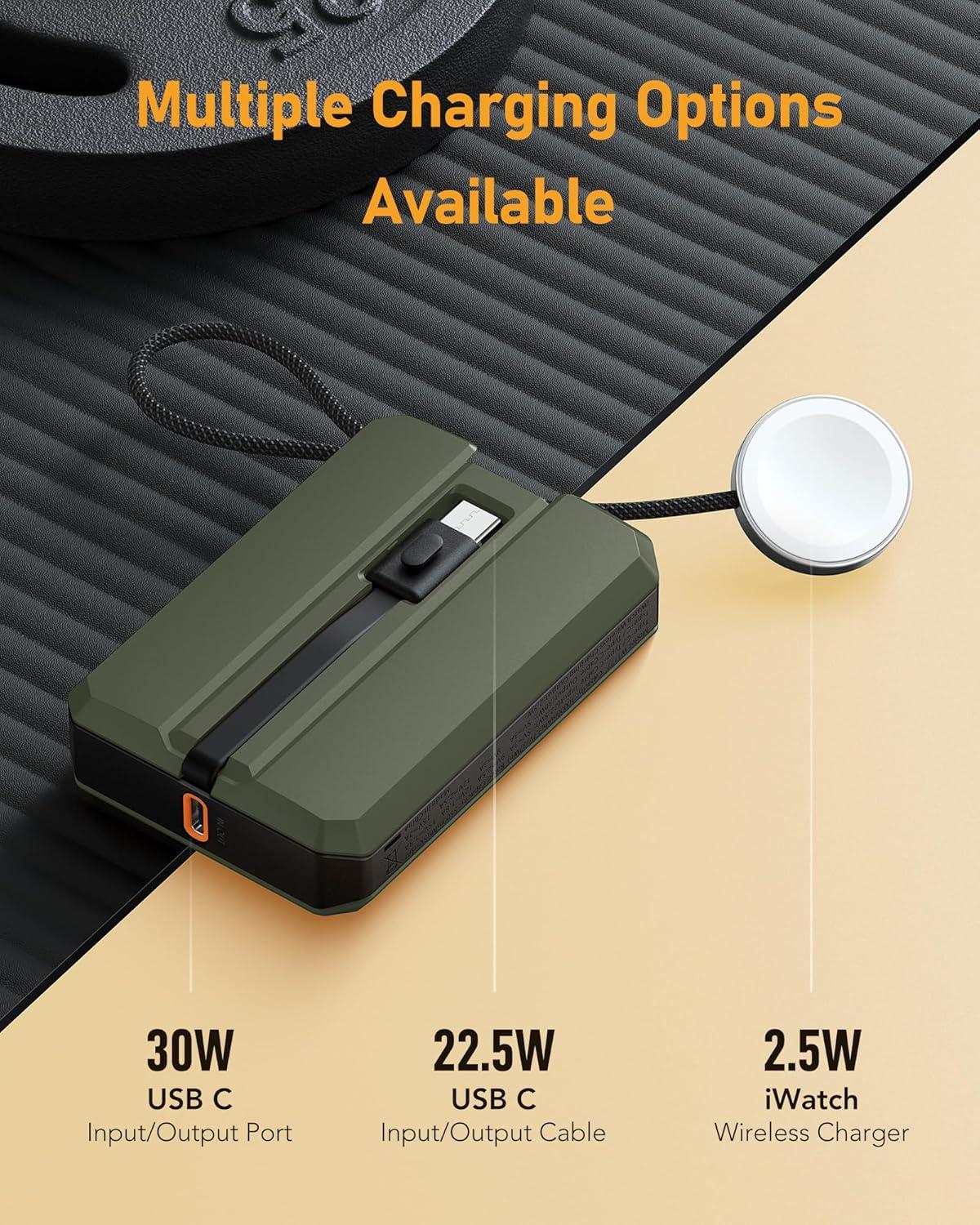 imageVEEKTOMX PD 30W Power Bank Fast Charging with Builtin USB C Cable for iPhone Small Portable Charger 10000mAh Portable Apple Watch Charger Compact Battery Pack for iPhone 161515 Plus YellowUSBC Green