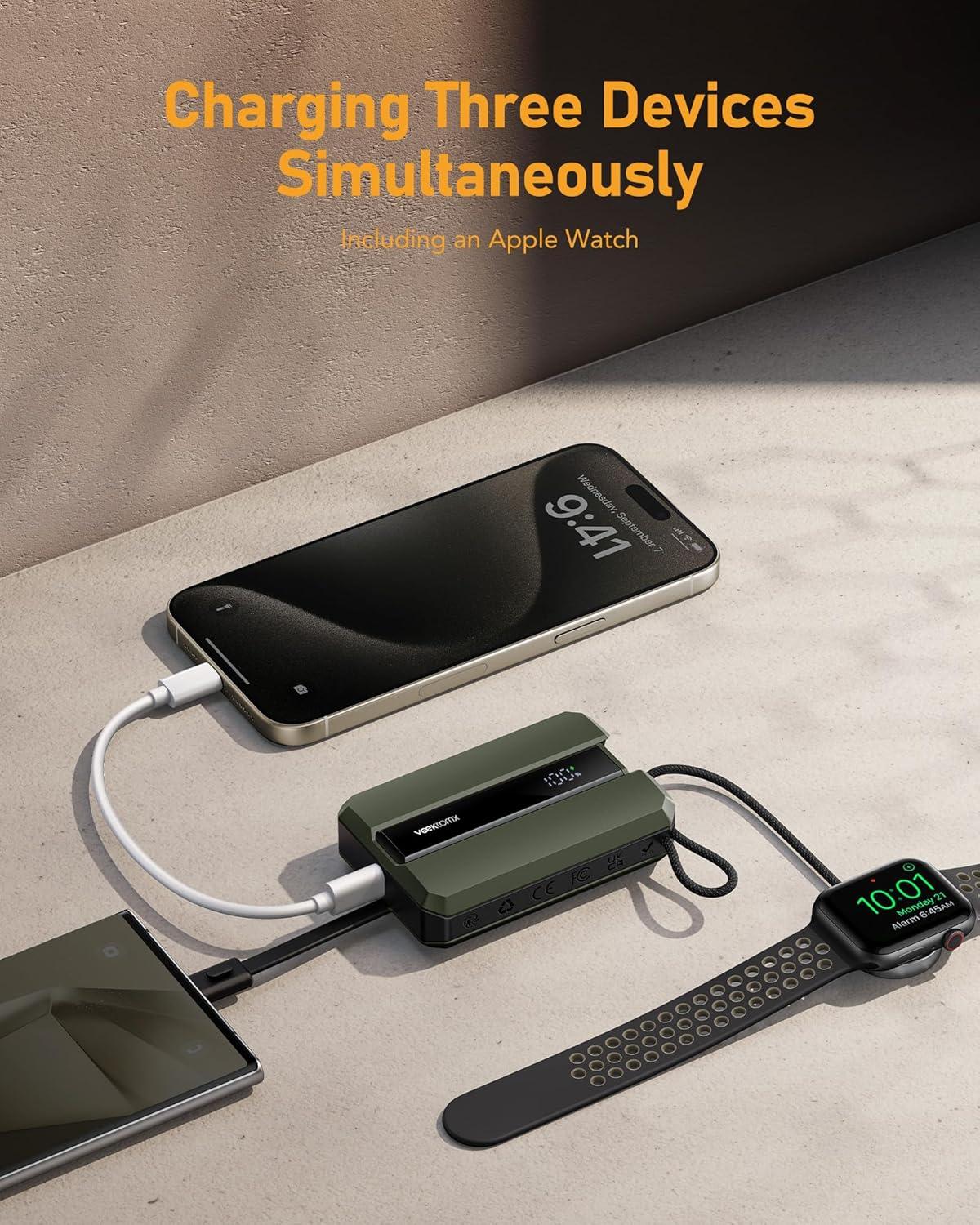 imageVEEKTOMX PD 30W Power Bank Fast Charging with Builtin USB C Cable for iPhone Small Portable Charger 10000mAh Portable Apple Watch Charger Compact Battery Pack for iPhone 161515 Plus YellowUSBC Green