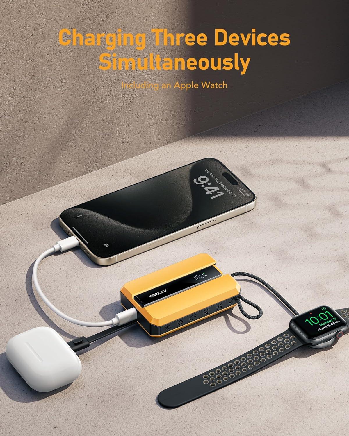 imageVEEKTOMX PD 30W Power Bank Fast Charging with Builtin USB C Cable for iPhone Small Portable Charger 10000mAh Portable Apple Watch Charger Compact Battery Pack for iPhone 161515 Plus YellowLightning Yellow