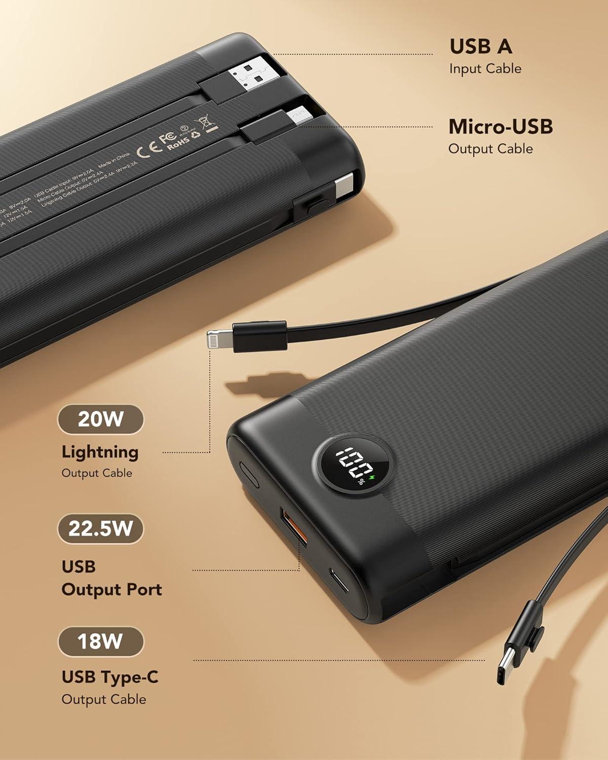 imageVEEKTOMX Portable Charger Builtin Cables 10000mAh Power Bank for iPhone Fast Charge USB C Battery Pack Travel Essentials Powerbank Compatible with iPhone 17161514 Samsung S2524 Android etcMatte Black