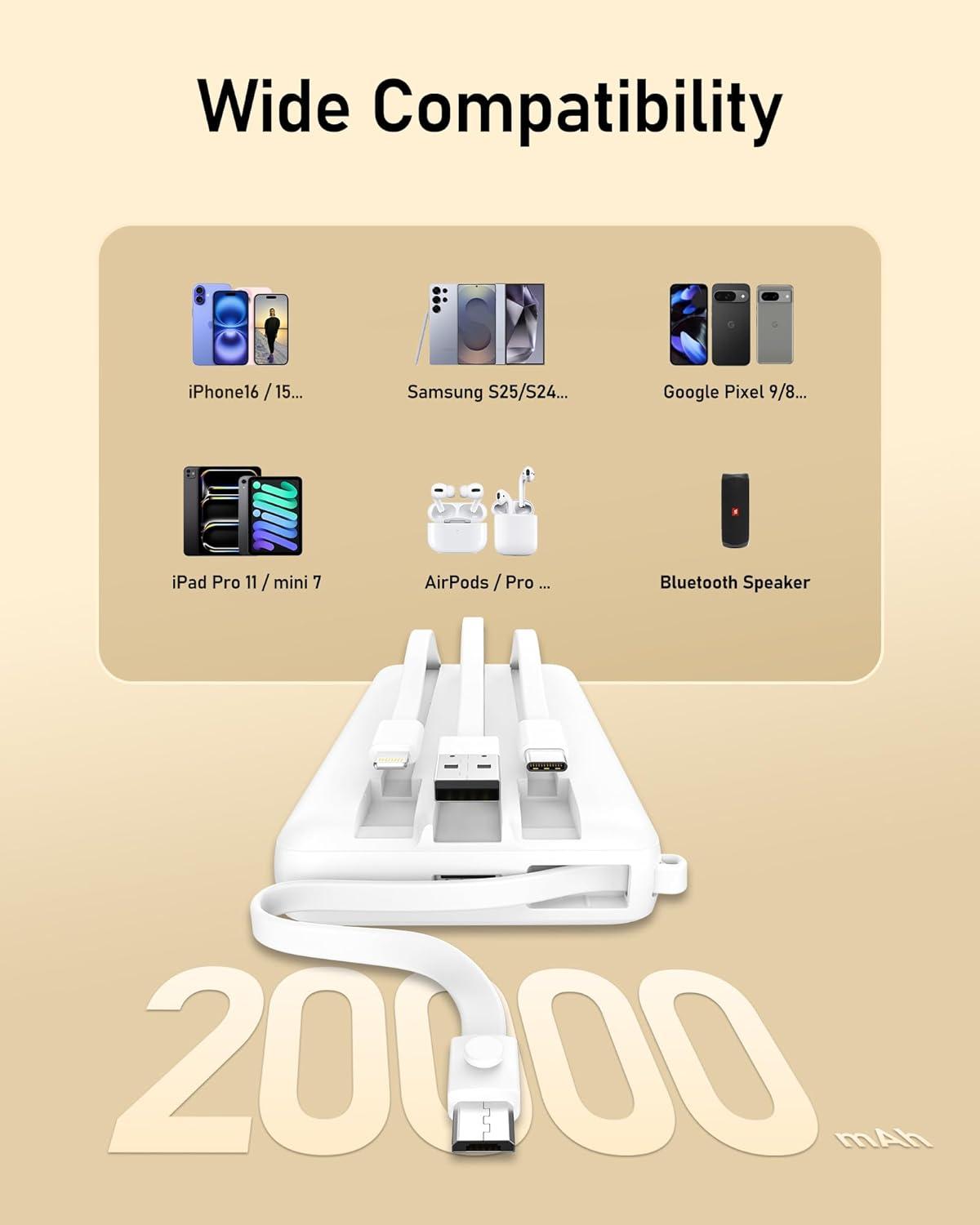 imageVEEKTOMX Portable Charger Builtin Cables 10000mAh Power Bank for iPhone Fast Charge USB C Battery Pack Travel Essentials Powerbank Compatible with iPhone 17161514 Samsung S2524 Android etc20000mAh White