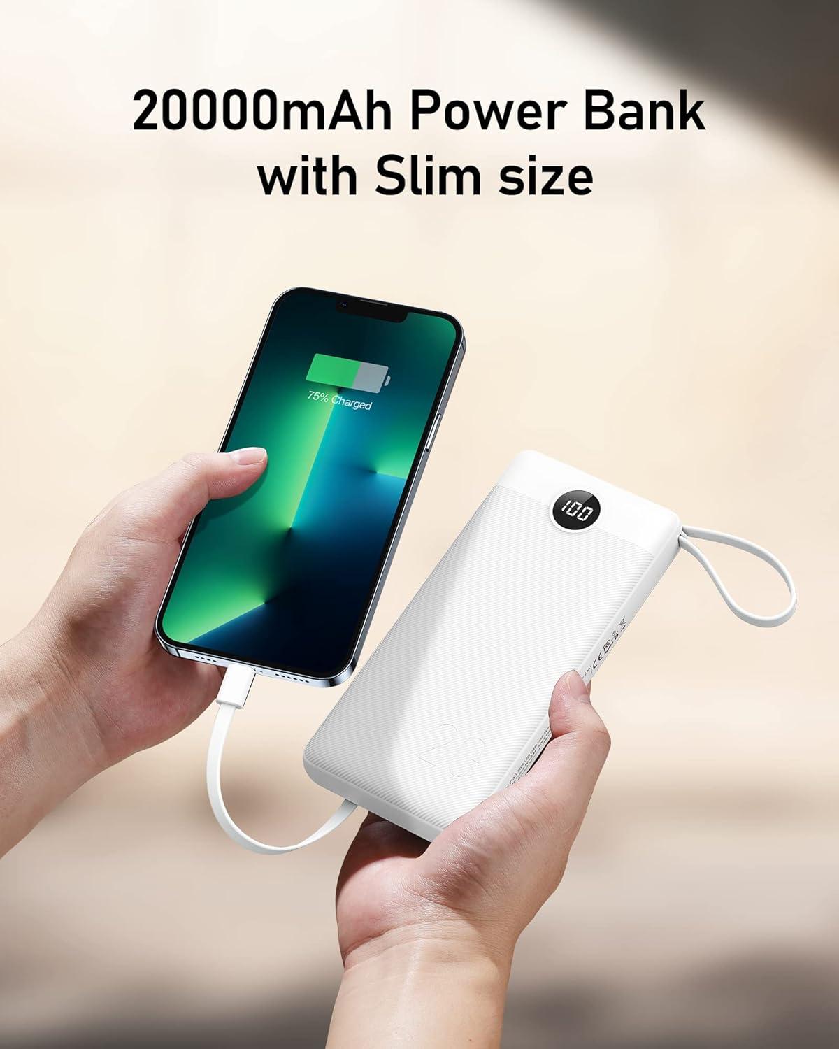 imageVEEKTOMX Portable Charger Builtin Cables 10000mAh Power Bank for iPhone Fast Charge USB C Battery Pack Travel Essentials Powerbank Compatible with iPhone 17161514 Samsung S2524 Android etc20000mAh White