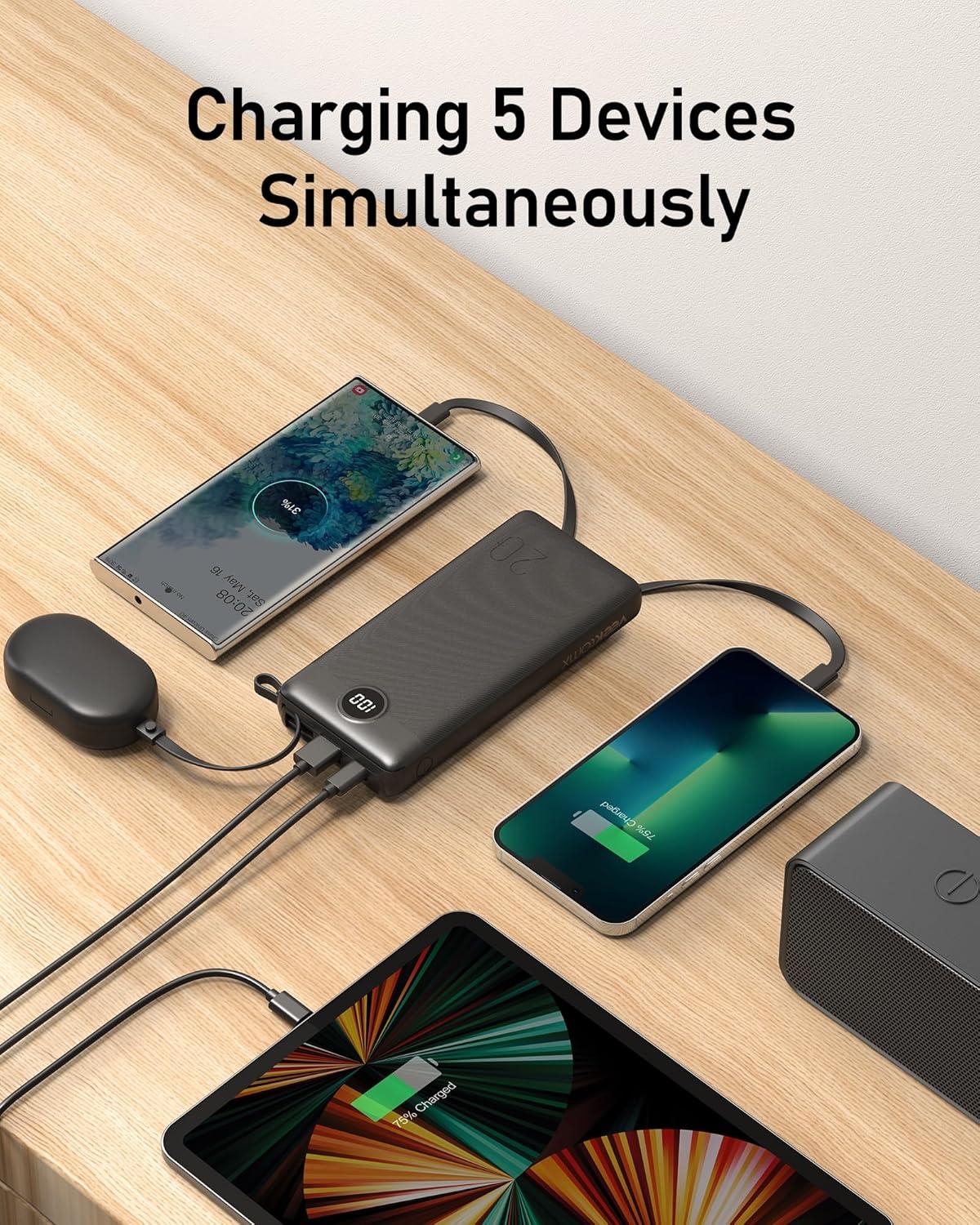 imageVEEKTOMX Portable Charger Builtin Cables 10000mAh Power Bank for iPhone Fast Charge USB C Battery Pack Travel Essentials Powerbank Compatible with iPhone 17161514 Samsung S2524 Android etc20000mAh Black
