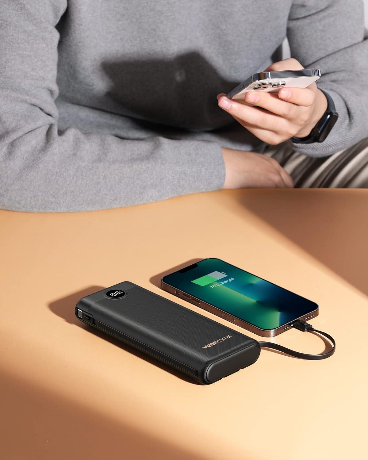 imageVEEKTOMX Portable Charger Builtin Cables 10000mAh Power Bank for iPhone Fast Charge USB C Battery Pack Travel Essentials Powerbank Compatible with iPhone 17161514 Samsung S2524 Android etcMatte Black