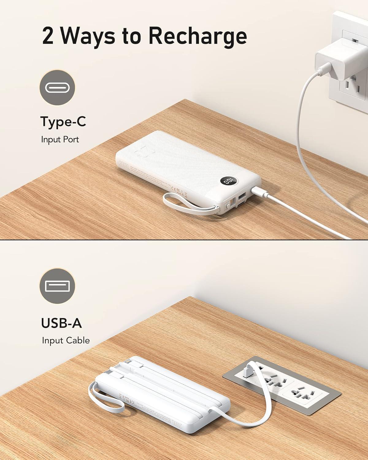 imageVEEKTOMX Portable Charger Builtin Cables 10000mAh Power Bank for iPhone Fast Charge USB C Battery Pack Travel Essentials Powerbank Compatible with iPhone 17161514 Samsung S2524 Android etc20000mAh White