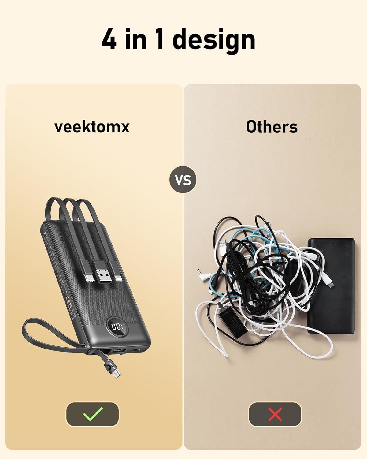 imageVEEKTOMX Portable Charger Builtin Cables 10000mAh Power Bank for iPhone Fast Charge USB C Battery Pack Travel Essentials Powerbank Compatible with iPhone 17161514 Samsung S2524 Android etc10000mAh Black