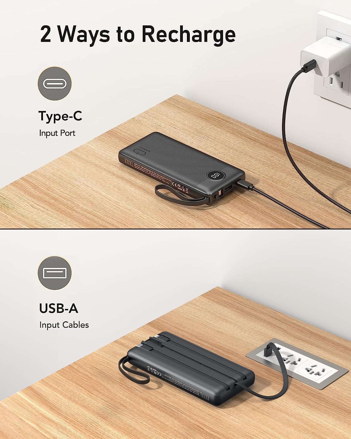 imageVEEKTOMX Portable Charger Builtin Cables 10000mAh Power Bank for iPhone Fast Charge USB C Battery Pack Travel Essentials Powerbank Compatible with iPhone 17161514 Samsung S2524 Android etc10000mAh Black