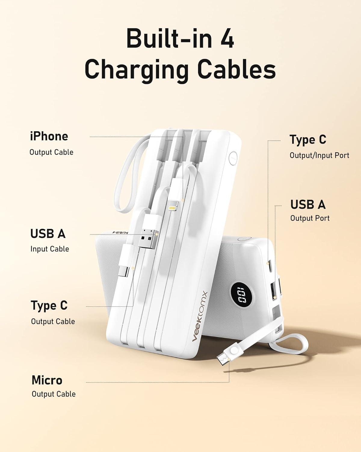 imageVEEKTOMX Portable Charger Builtin Cables 10000mAh Power Bank for iPhone Fast Charge USB C Battery Pack Travel Essentials Powerbank Compatible with iPhone 17161514 Samsung S2524 Android etc20000mAh White
