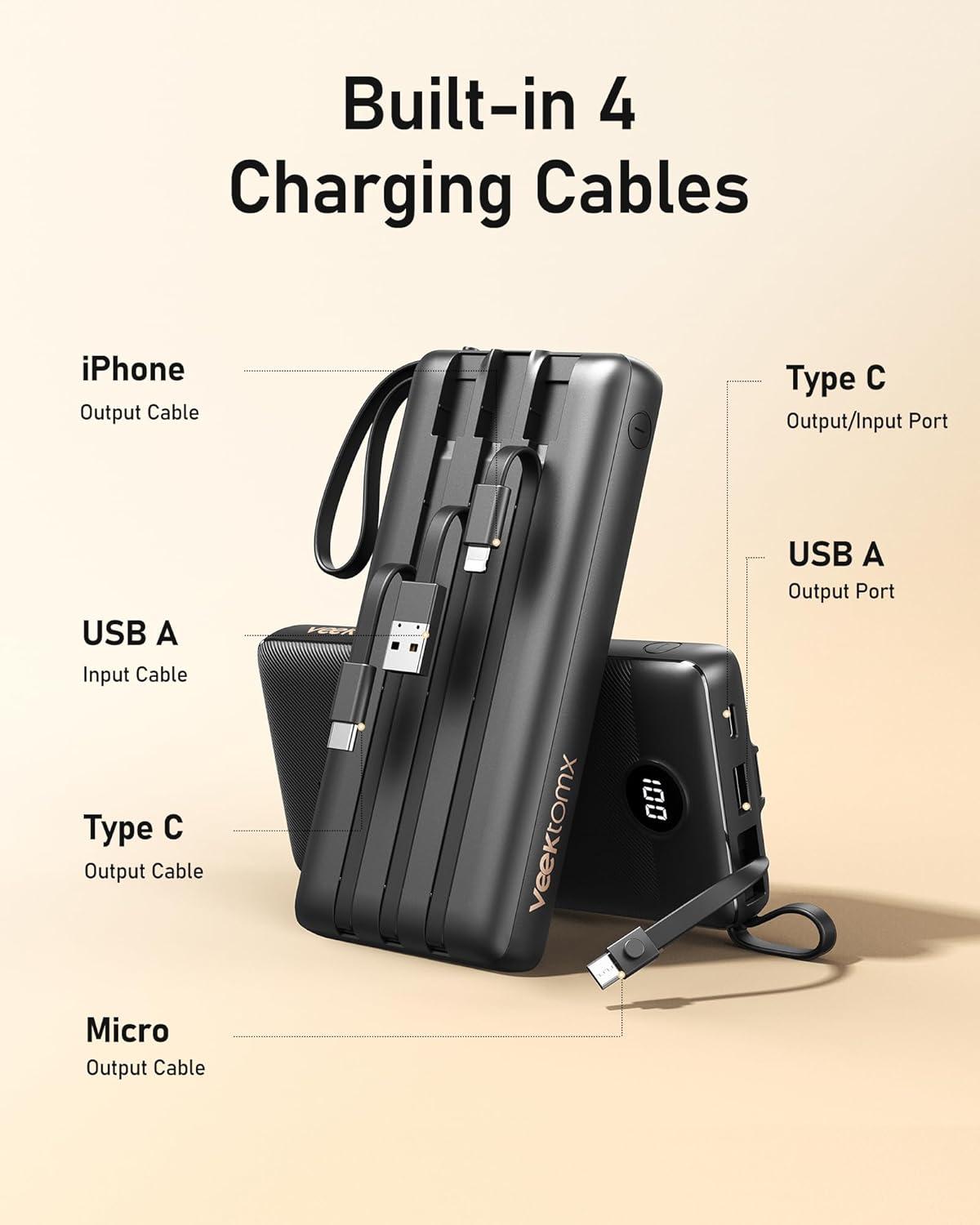 imageVEEKTOMX Portable Charger Builtin Cables 10000mAh Power Bank for iPhone Fast Charge USB C Battery Pack Travel Essentials Powerbank Compatible with iPhone 17161514 Samsung S2524 Android etc20000mAh Black