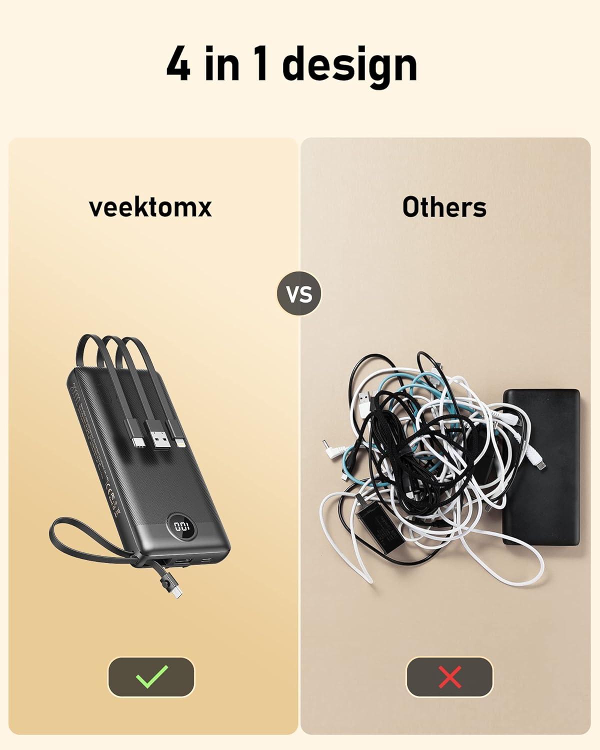 imageVEEKTOMX Portable Charger Builtin Cables 10000mAh Power Bank for iPhone Fast Charge USB C Battery Pack Travel Essentials Powerbank Compatible with iPhone 17161514 Samsung S2524 Android etc20000mAh Black
