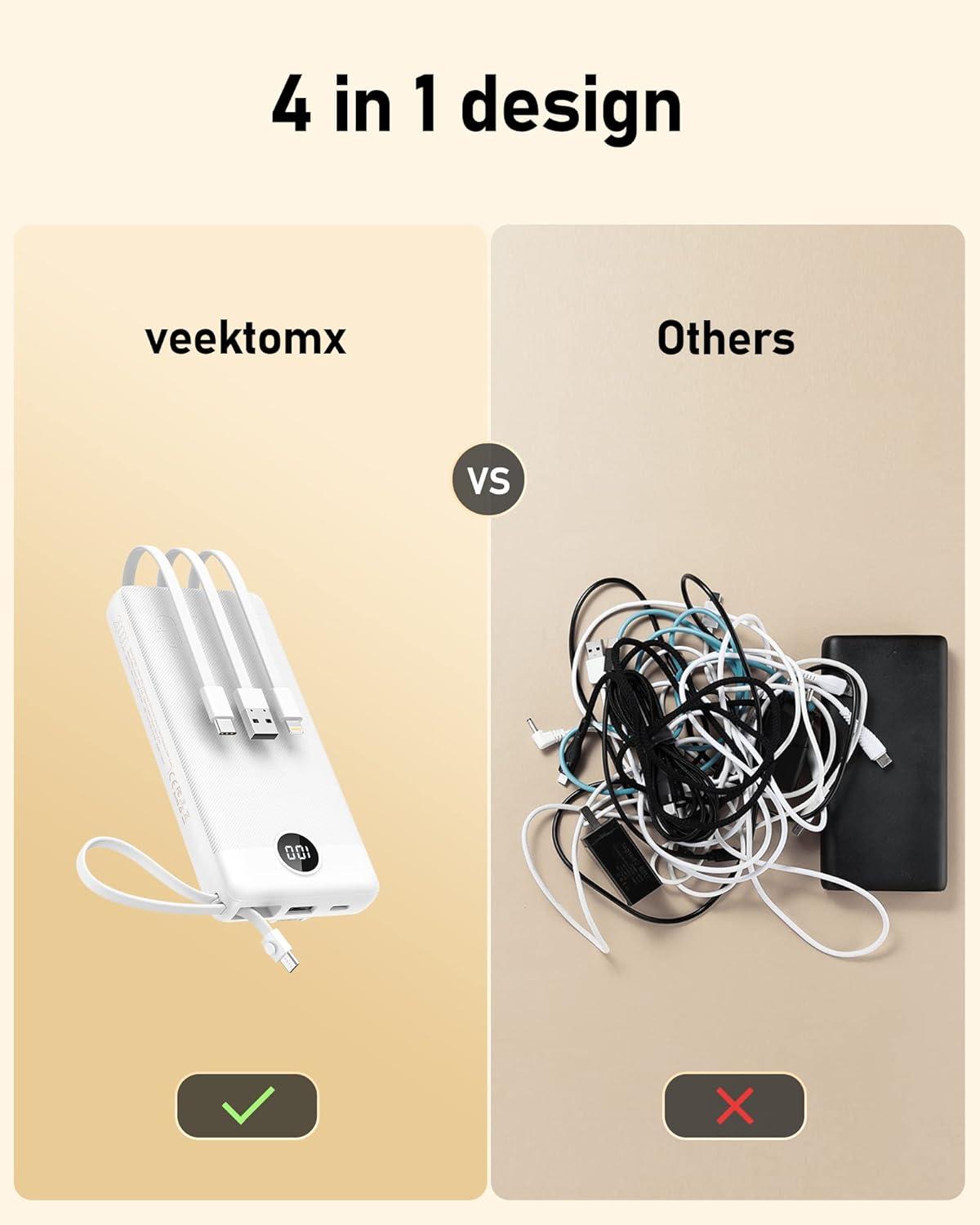 imageVEEKTOMX Portable Charger Builtin Cables 10000mAh Power Bank for iPhone Fast Charge USB C Battery Pack Travel Essentials Powerbank Compatible with iPhone 17161514 Samsung S2524 Android etc20000mAh White