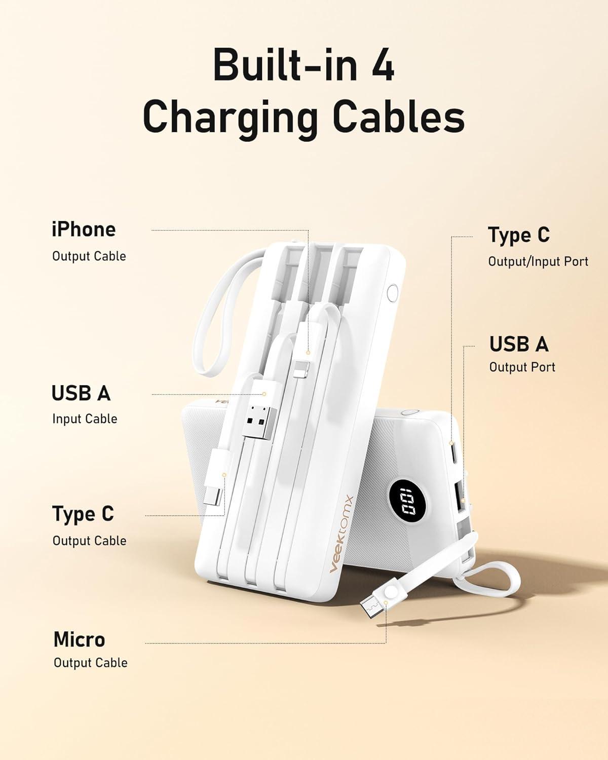 imageVEEKTOMX Portable Charger Builtin Cables 10000mAh Power Bank for iPhone Fast Charge USB C Battery Pack Travel Essentials Powerbank Compatible with iPhone 17161514 Samsung S2524 Android etc10000mAh White