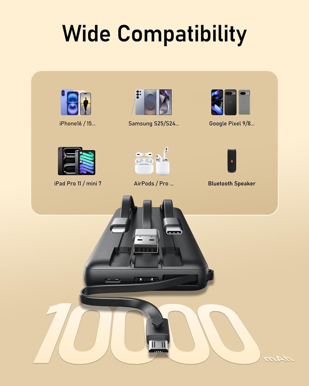 imageVEEKTOMX Portable Charger Builtin Cables 10000mAh Power Bank for iPhone Fast Charge USB C Battery Pack Travel Essentials Powerbank Compatible with iPhone 17161514 Samsung S2524 Android etc10000mAh Black