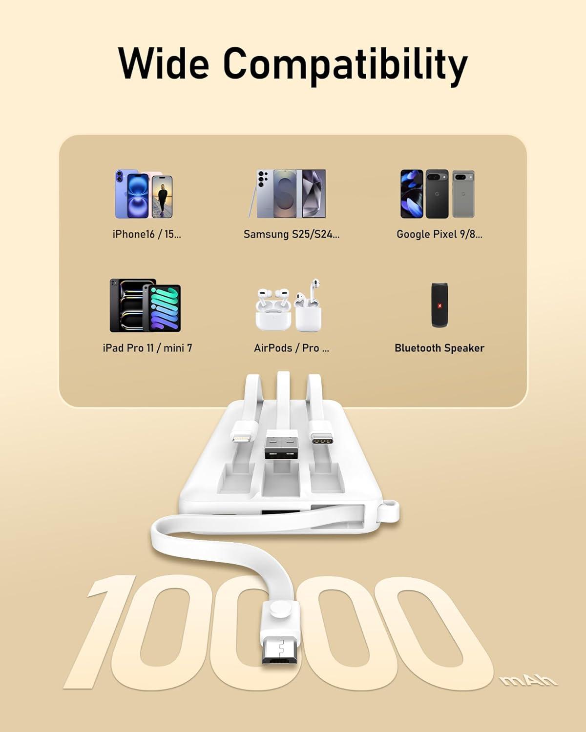 imageVEEKTOMX Portable Charger Builtin Cables 10000mAh Power Bank for iPhone Fast Charge USB C Battery Pack Travel Essentials Powerbank Compatible with iPhone 17161514 Samsung S2524 Android etc10000mAh White