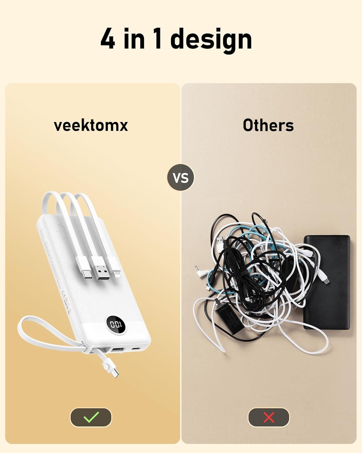 imageVEEKTOMX Portable Charger Builtin Cables 10000mAh Power Bank for iPhone Fast Charge USB C Battery Pack Travel Essentials Powerbank Compatible with iPhone 17161514 Samsung S2524 Android etc10000mAh White