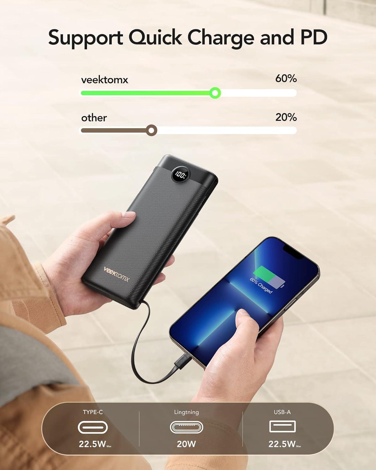 imageVEEKTOMX Portable Charger Builtin Cables 10000mAh Power Bank for iPhone Fast Charge USB C Battery Pack Travel Essentials Powerbank Compatible with iPhone 17161514 Samsung S2524 Android etcMatte Black