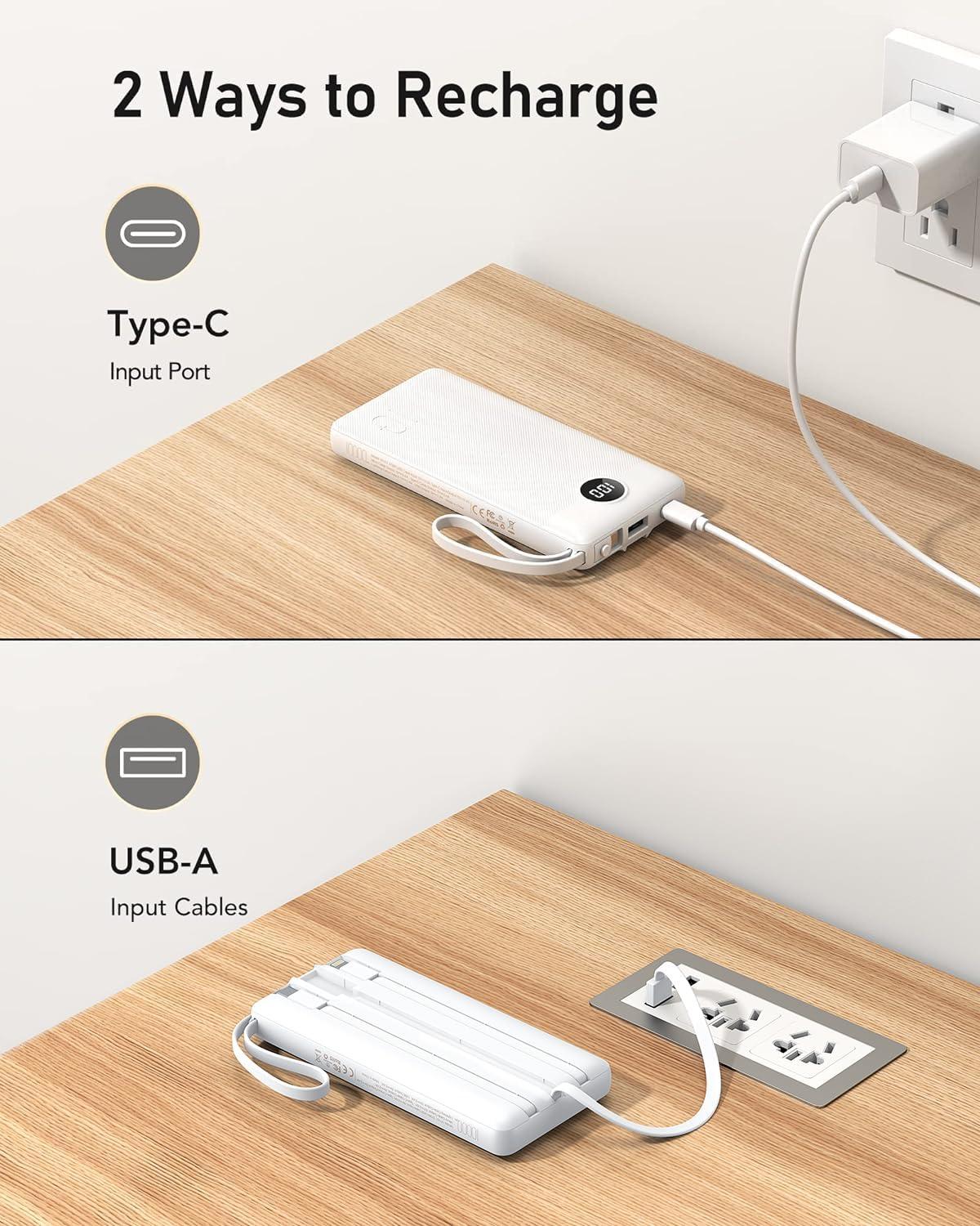 imageVEEKTOMX Portable Charger Builtin Cables 10000mAh Power Bank for iPhone Fast Charge USB C Battery Pack Travel Essentials Powerbank Compatible with iPhone 17161514 Samsung S2524 Android etc10000mAh White