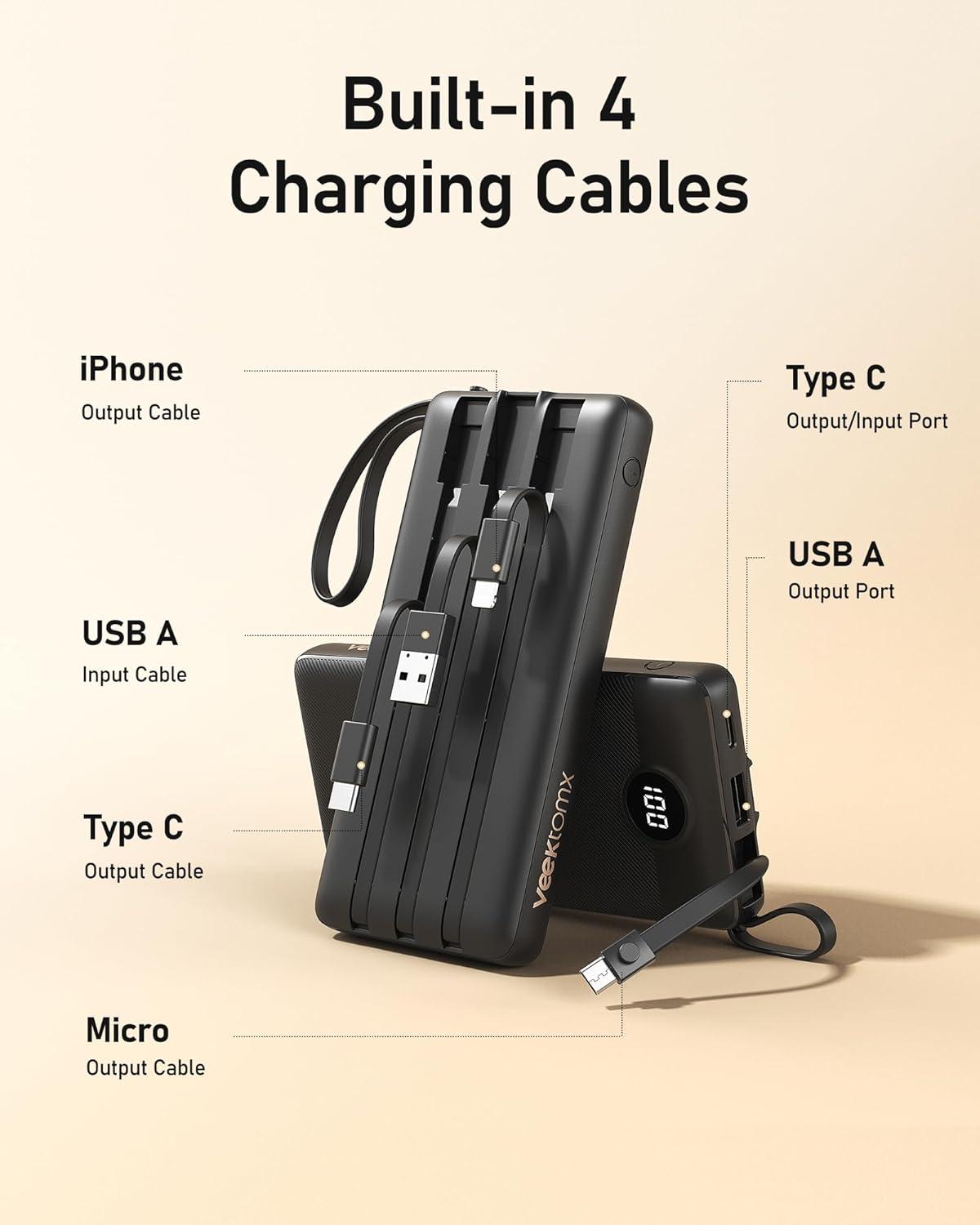 imageVEEKTOMX Portable Charger Builtin Cables 10000mAh Power Bank for iPhone Fast Charge USB C Battery Pack Travel Essentials Powerbank Compatible with iPhone 17161514 Samsung S2524 Android etc10000mAh Black