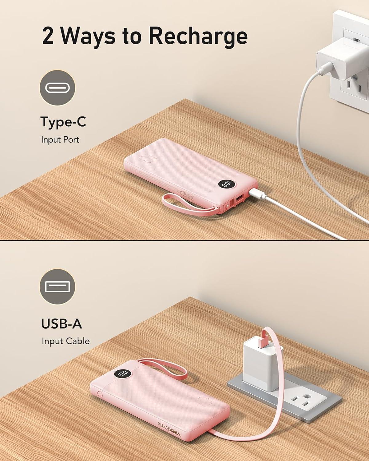 imageVEEKTOMX Portable Charger Builtin Cables Power Bank for iPhone Fast Charge USB C Battery Pack Travel Essentials Powerbank Compatible with iPhone 17161514 Samsung S2524Pink