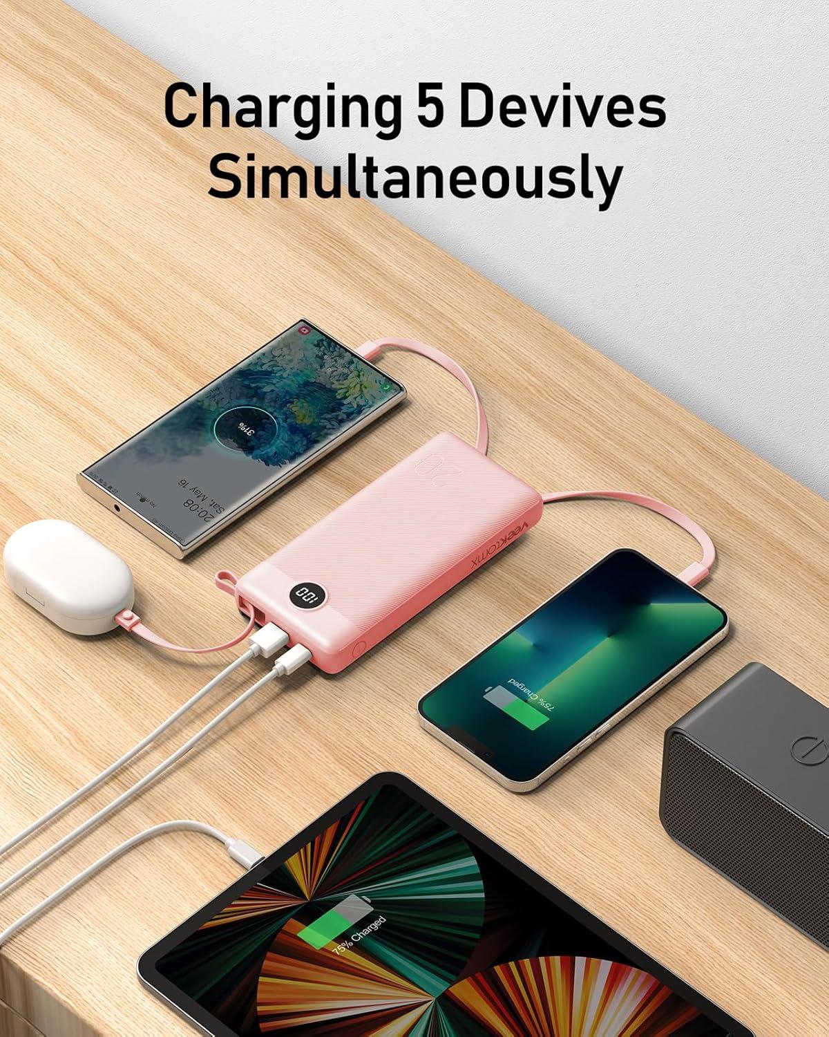 imageVEEKTOMX Portable Charger Builtin Cables Power Bank for iPhone Fast Charge USB C Battery Pack Travel Essentials Powerbank Compatible with iPhone 17161514 Samsung S2524Pink