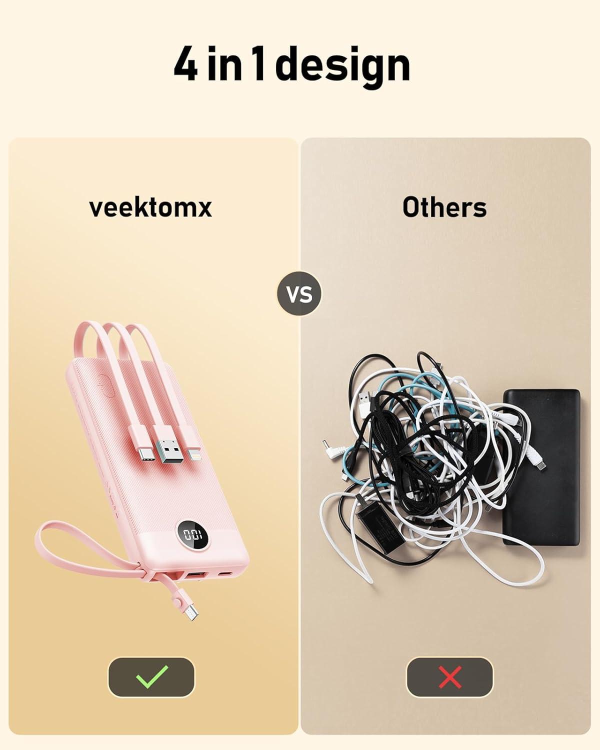 imageVEEKTOMX Portable Charger Builtin Cables Power Bank for iPhone Fast Charge USB C Battery Pack Travel Essentials Powerbank Compatible with iPhone 17161514 Samsung S2524Pink