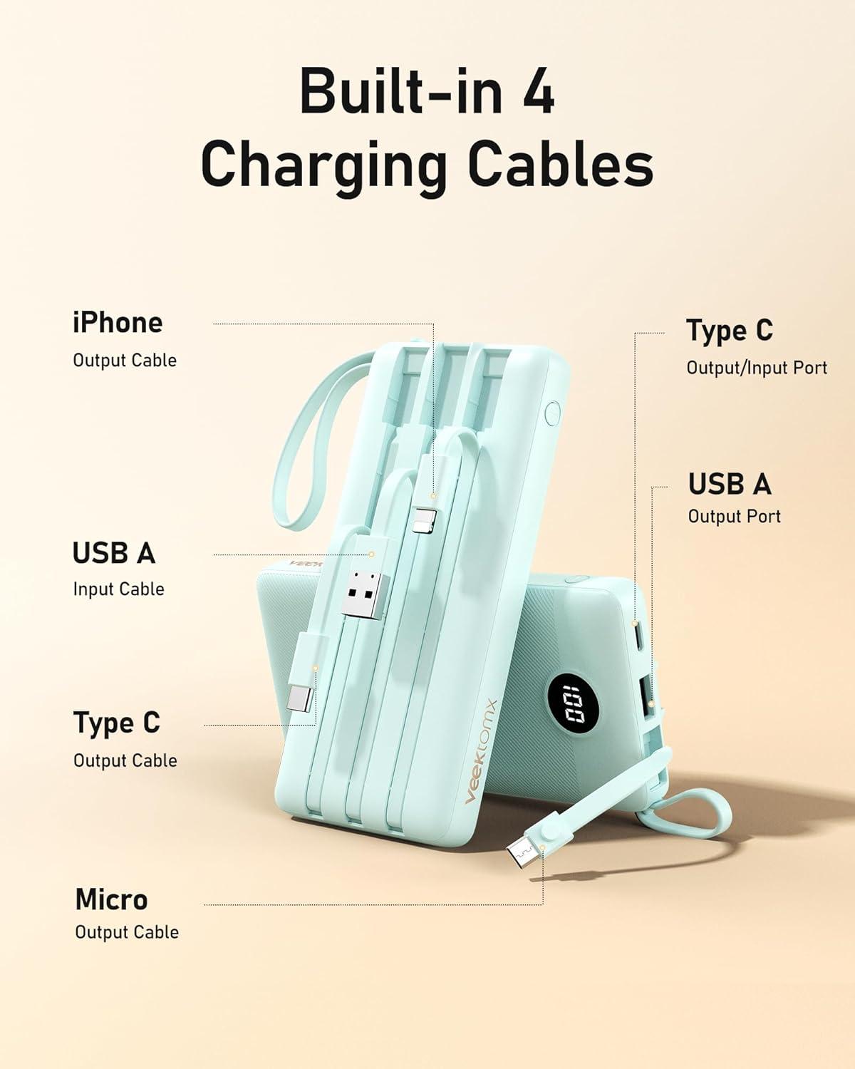 imageVEEKTOMX Portable Charger Builtin Cables Power Bank for iPhone Fast Charge USB C Battery Pack Travel Essentials Powerbank Compatible with iPhone 17161514 Samsung S2524Blue