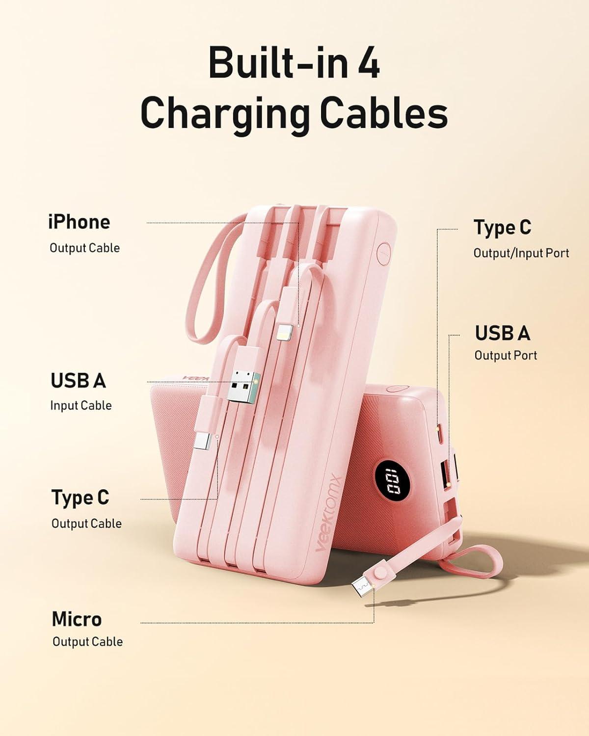 imageVEEKTOMX Portable Charger Builtin Cables Power Bank for iPhone Fast Charge USB C Battery Pack Travel Essentials Powerbank Compatible with iPhone 17161514 Samsung S2524Pink