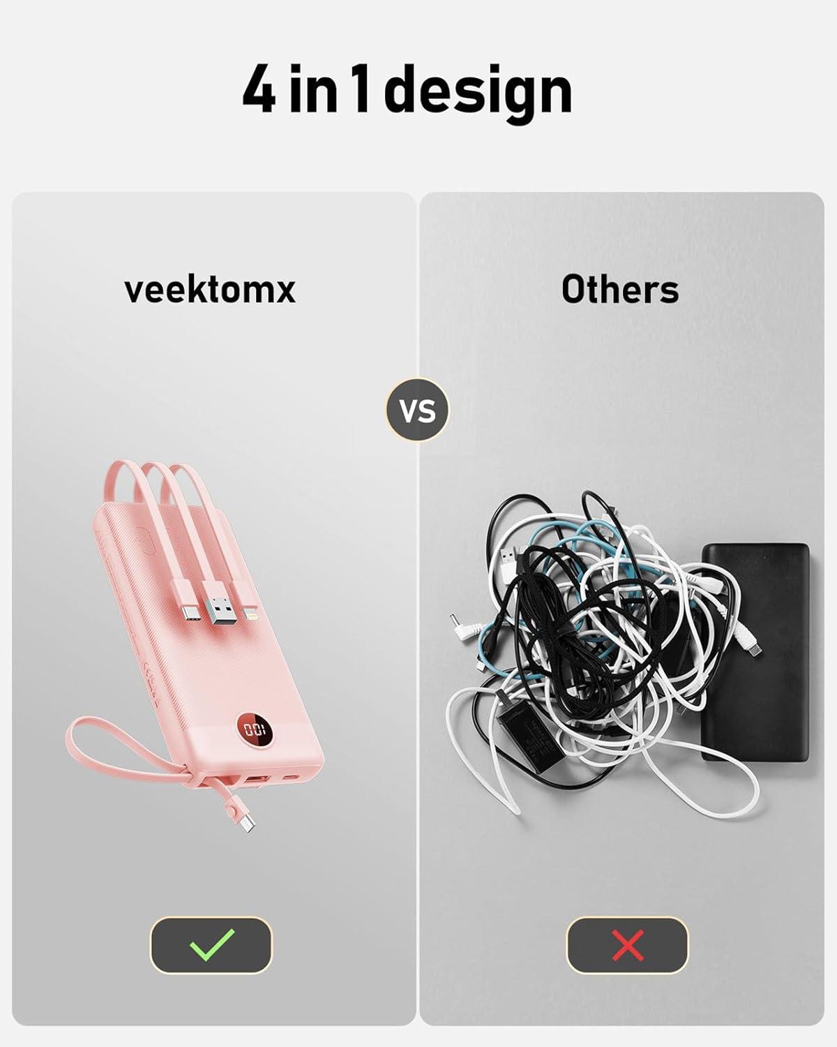imageVEEKTOMX Portable Charger Builtin Cables Power Bank for iPhone Fast Charge USB C Battery Pack Travel Essentials Powerbank Compatible with iPhone 17161514 Samsung S2524Pink