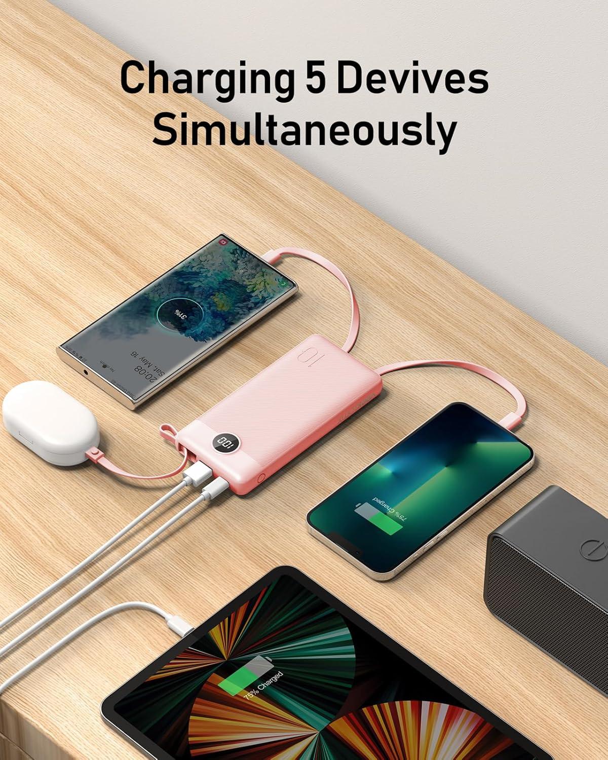 imageVEEKTOMX Portable Charger Builtin Cables Power Bank for iPhone Fast Charge USB C Battery Pack Travel Essentials Powerbank Compatible with iPhone 17161514 Samsung S2524Pink