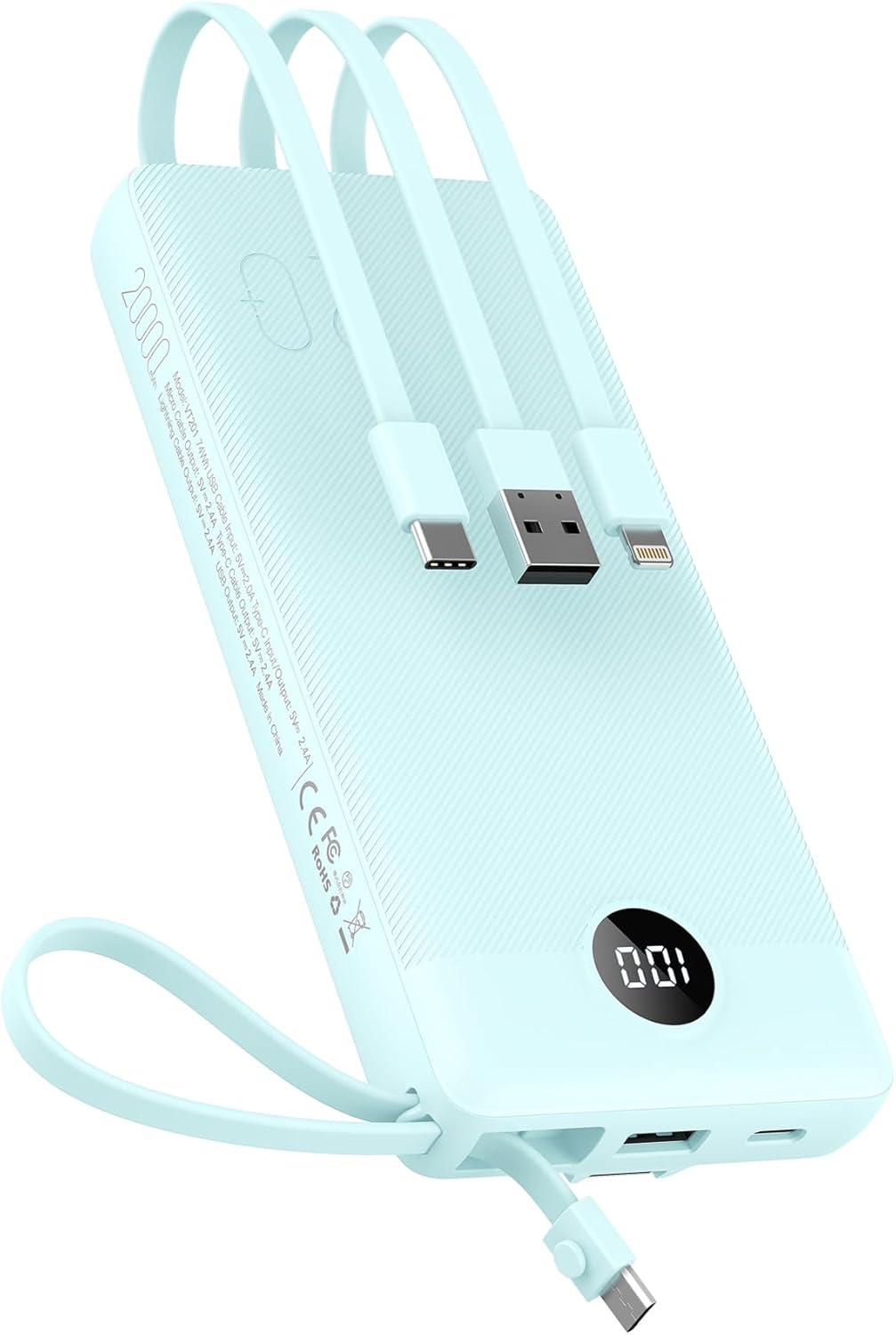 imageVEEKTOMX Portable Charger Builtin Cables Power Bank for iPhone Fast Charge USB C Battery Pack Travel Essentials Powerbank Compatible with iPhone 17161514 Samsung S2524Blue