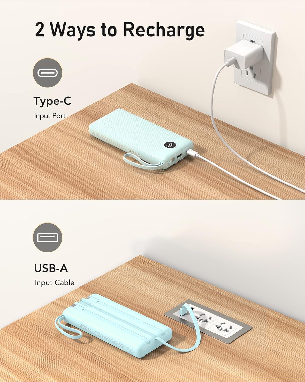 imageVEEKTOMX Portable Charger Builtin Cables Power Bank for iPhone Fast Charge USB C Battery Pack Travel Essentials Powerbank Compatible with iPhone 17161514 Samsung S2524Blue